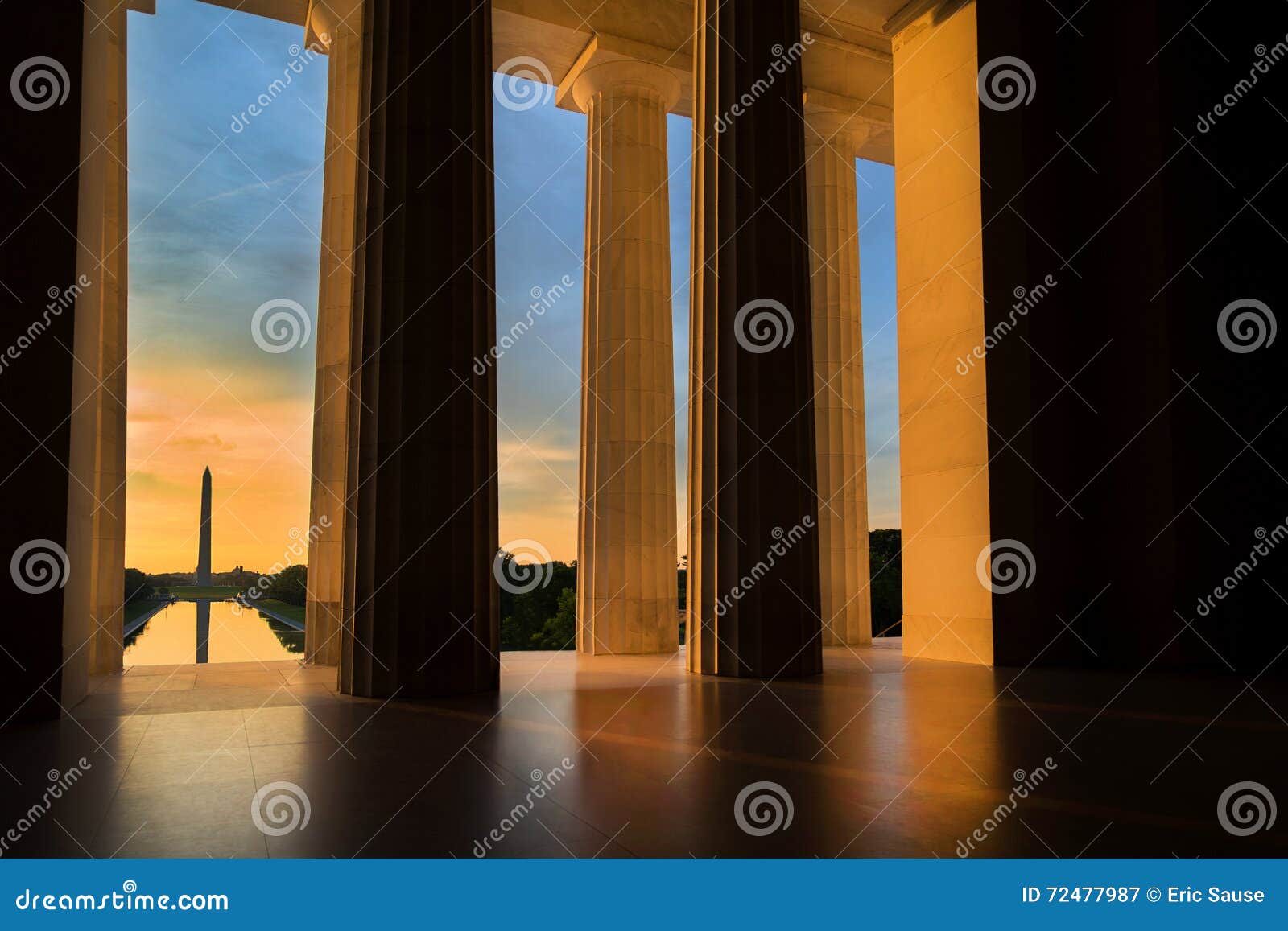 washington monument from lincoln memorial at sunrise in washington, dc