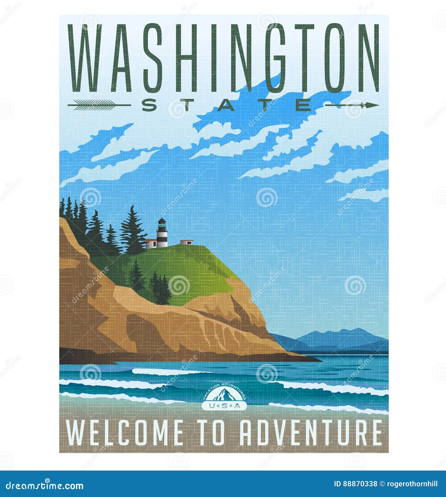 washington state travel poster of rugged shoreline and lighthouse.