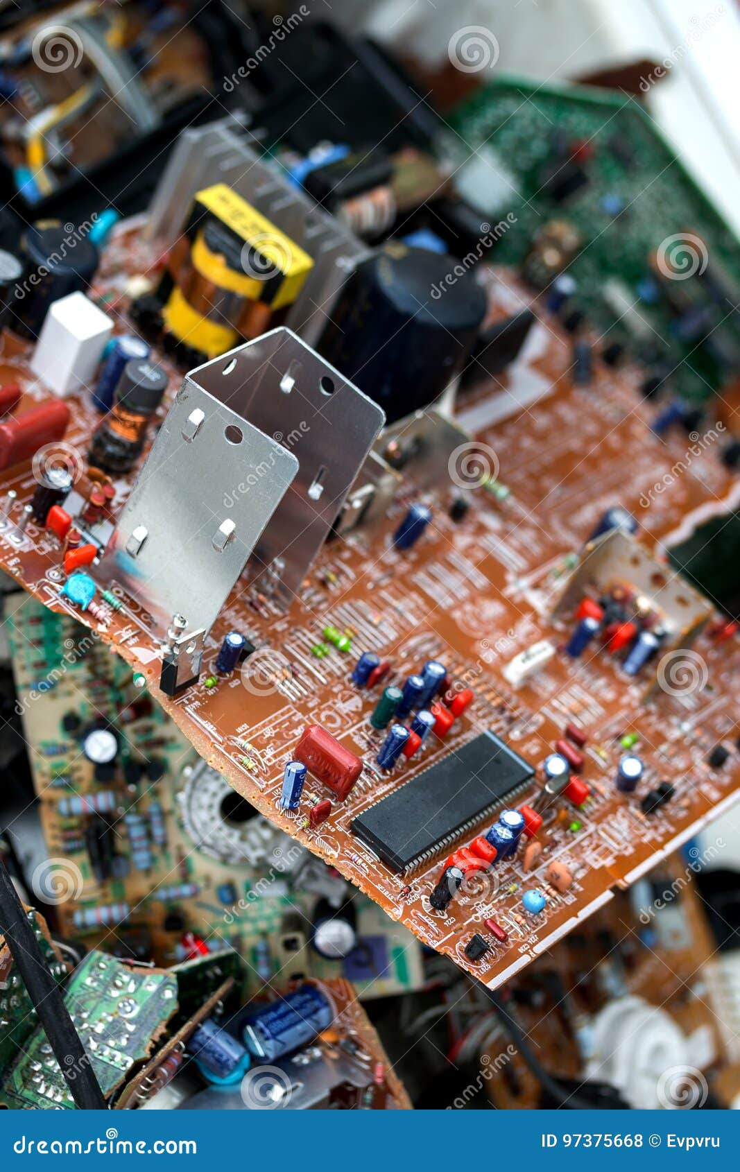Waste of Board Electronics, Microcircuits, Capacitors Stock Photo