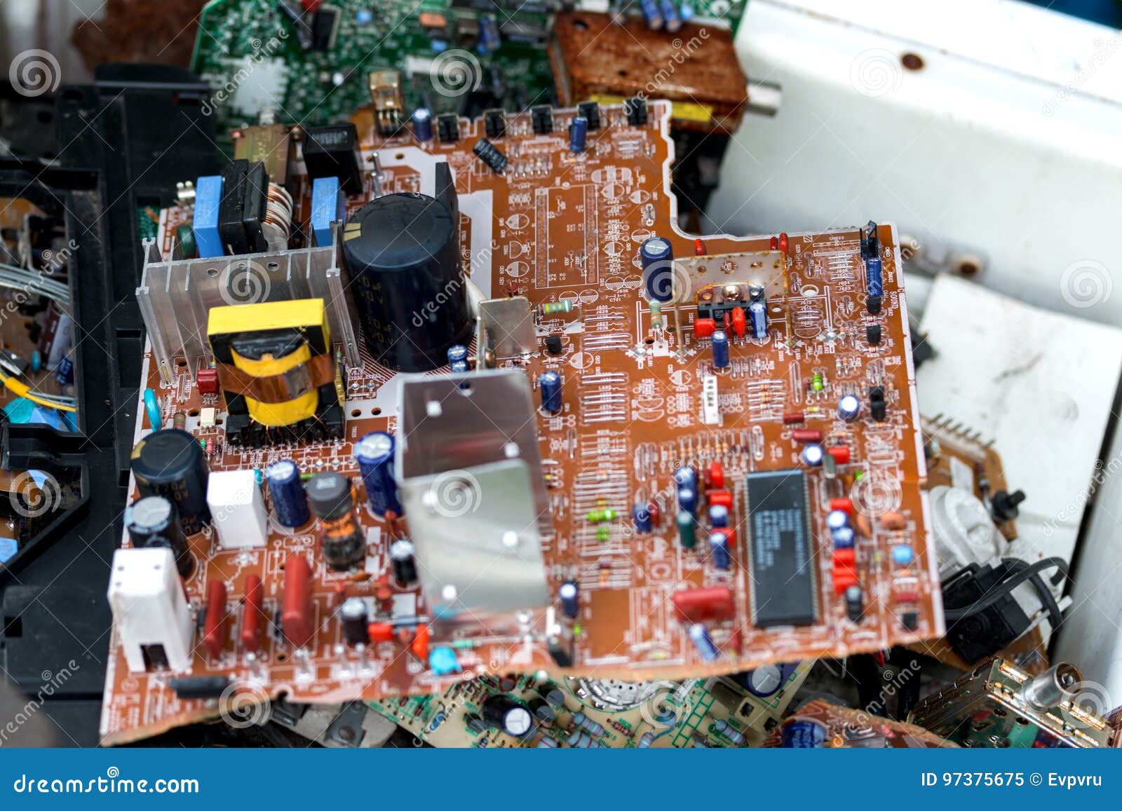 Waste of Board Electronics, Microcircuits, Capacitors Stock Image