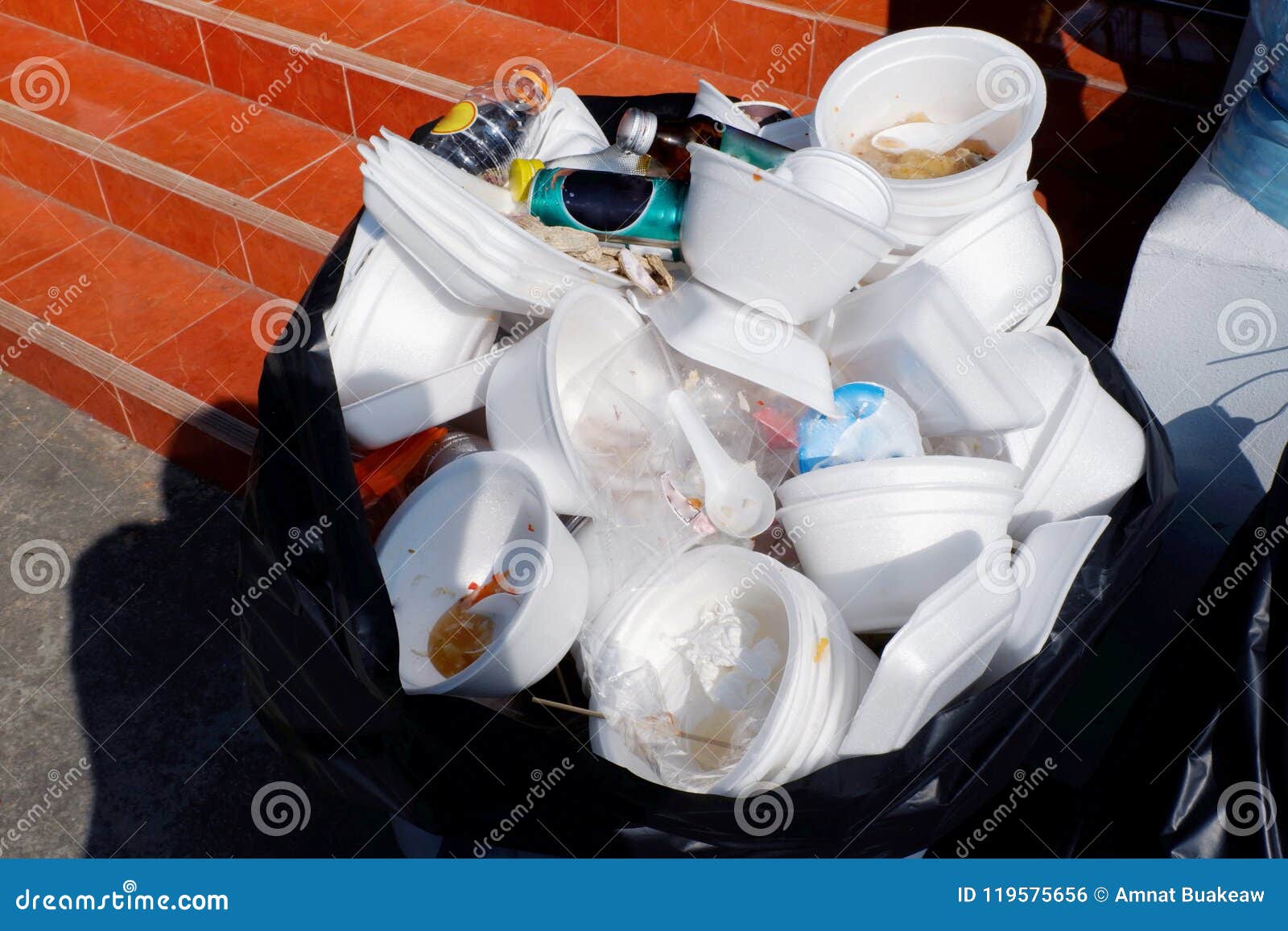 waste foam tray and plastic, waste garbage foam food tray white many pile on the plastic black bag dirty, bin, trash, recycle