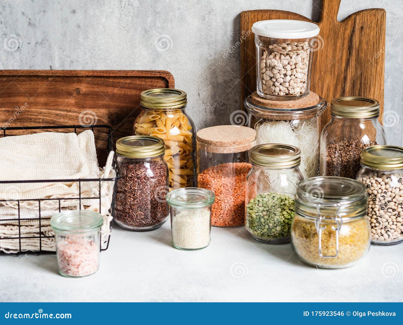 Zero waste products inside organization boxes on kitchen Stock Photo