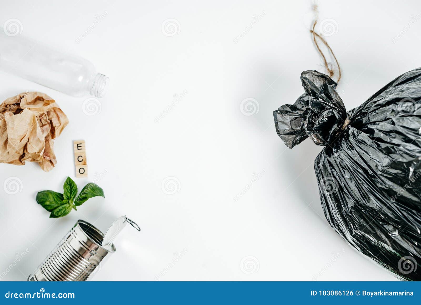 Waste Management Concept. Aluminum Tin and Green Leaf on the White  Background Stock Photo - Image of background, plastic: 103086126