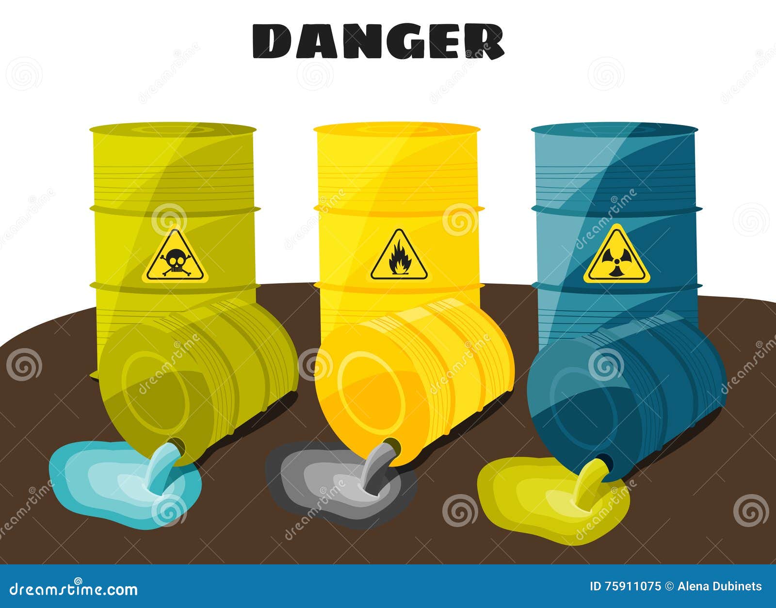 Waste Products Flow from the Barrels with the Sign of Dangerous. Vector