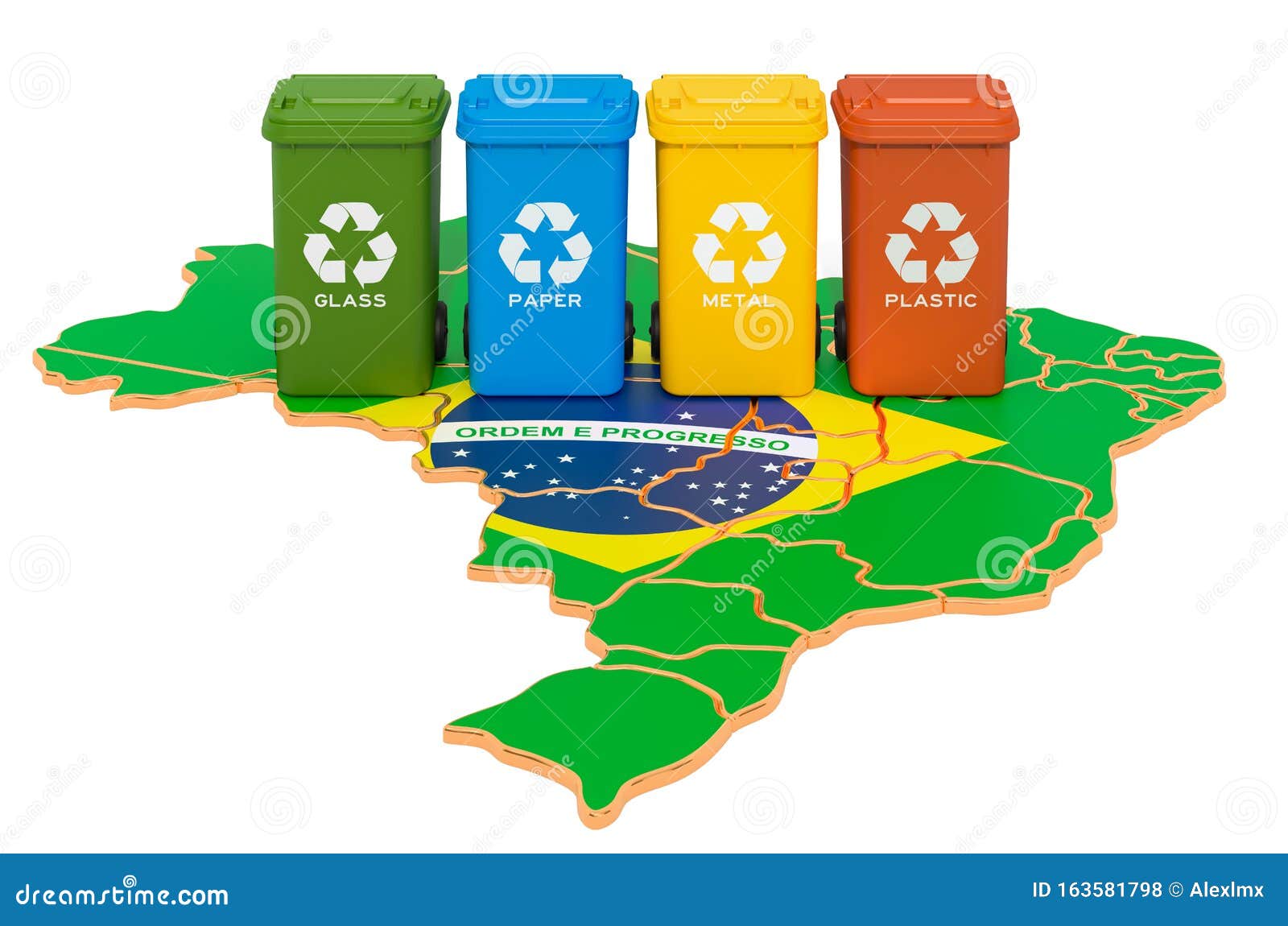 Waste Recycling in Brazil. Colored Trash Cans on the Map of Brazil, 3D