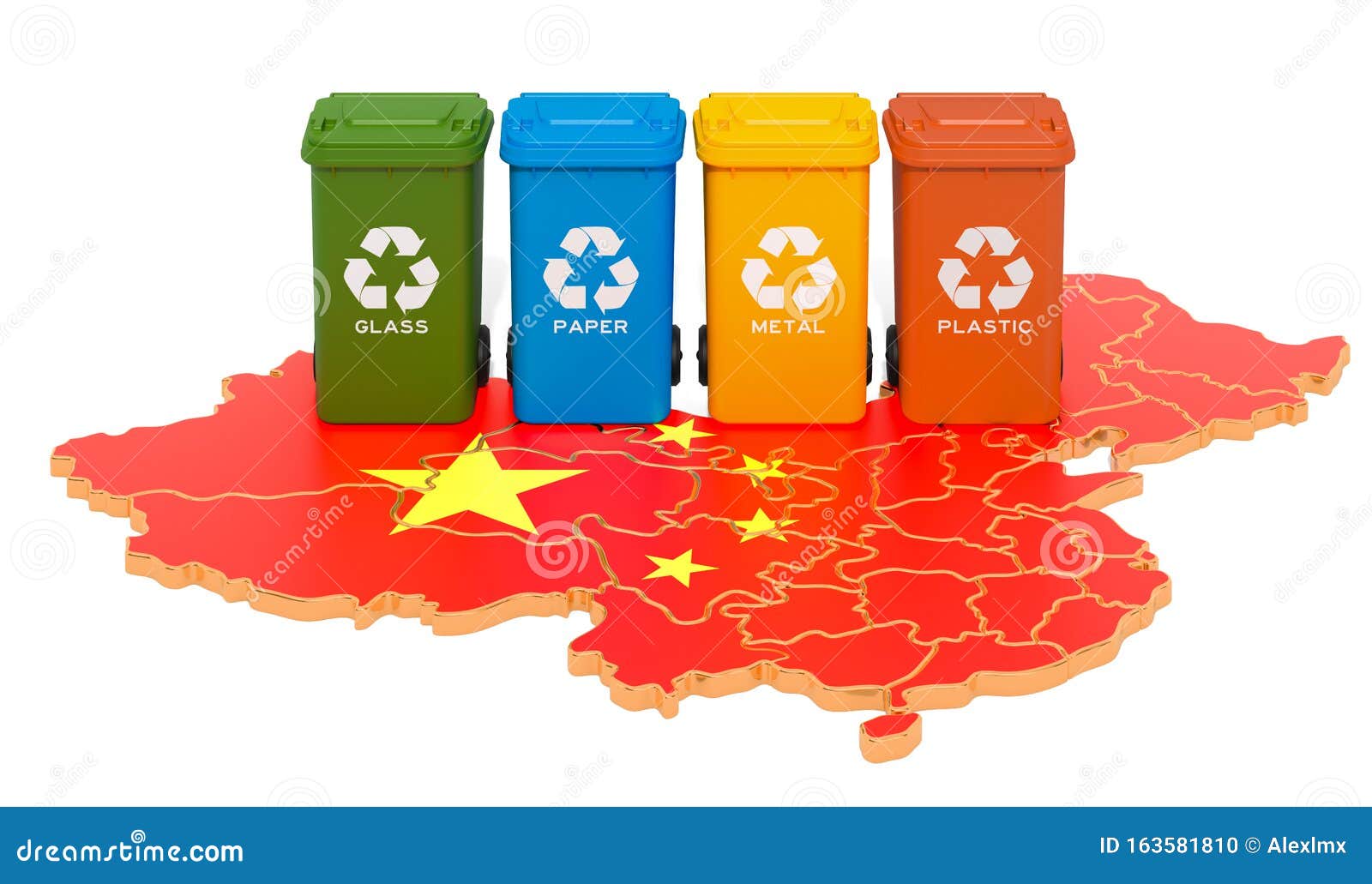 Waste Recycling in China. Colored Trash Cans on the Map of China, 3D
