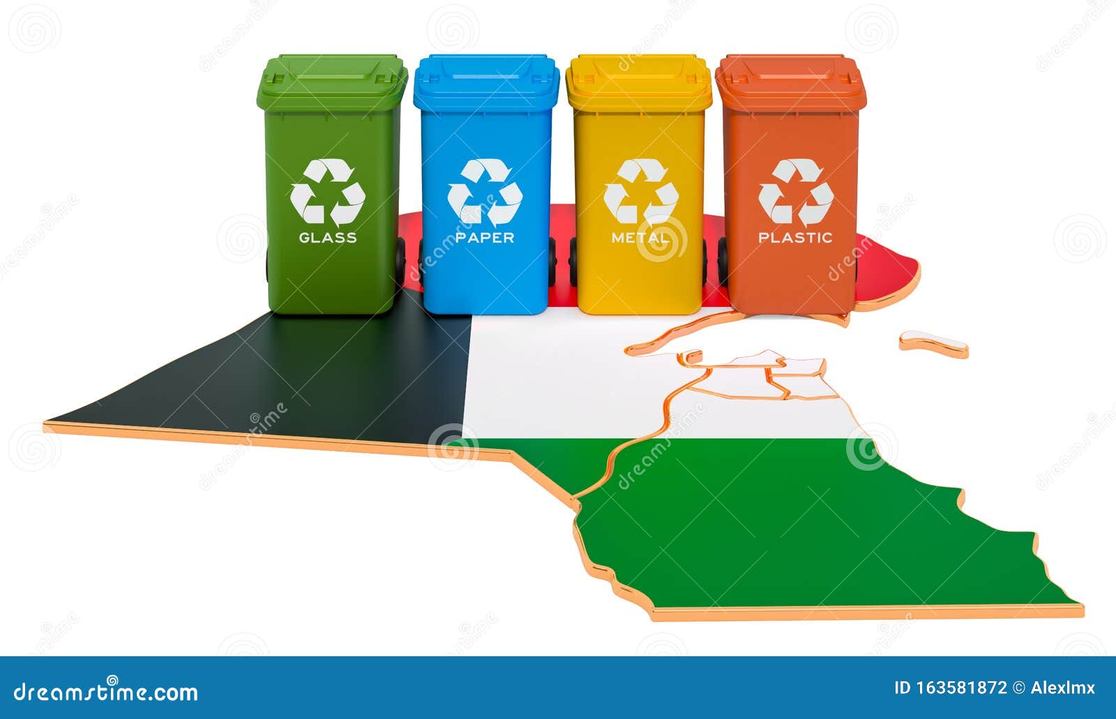 Waste Recycling in Kuwait. Colored Trash Cans on the Map of Kuwait, 3D