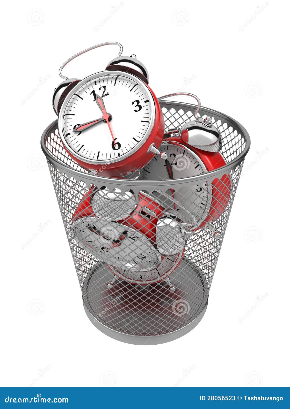 Wasting Time Concept: Clocks in Trash Bin. Stock Illustration