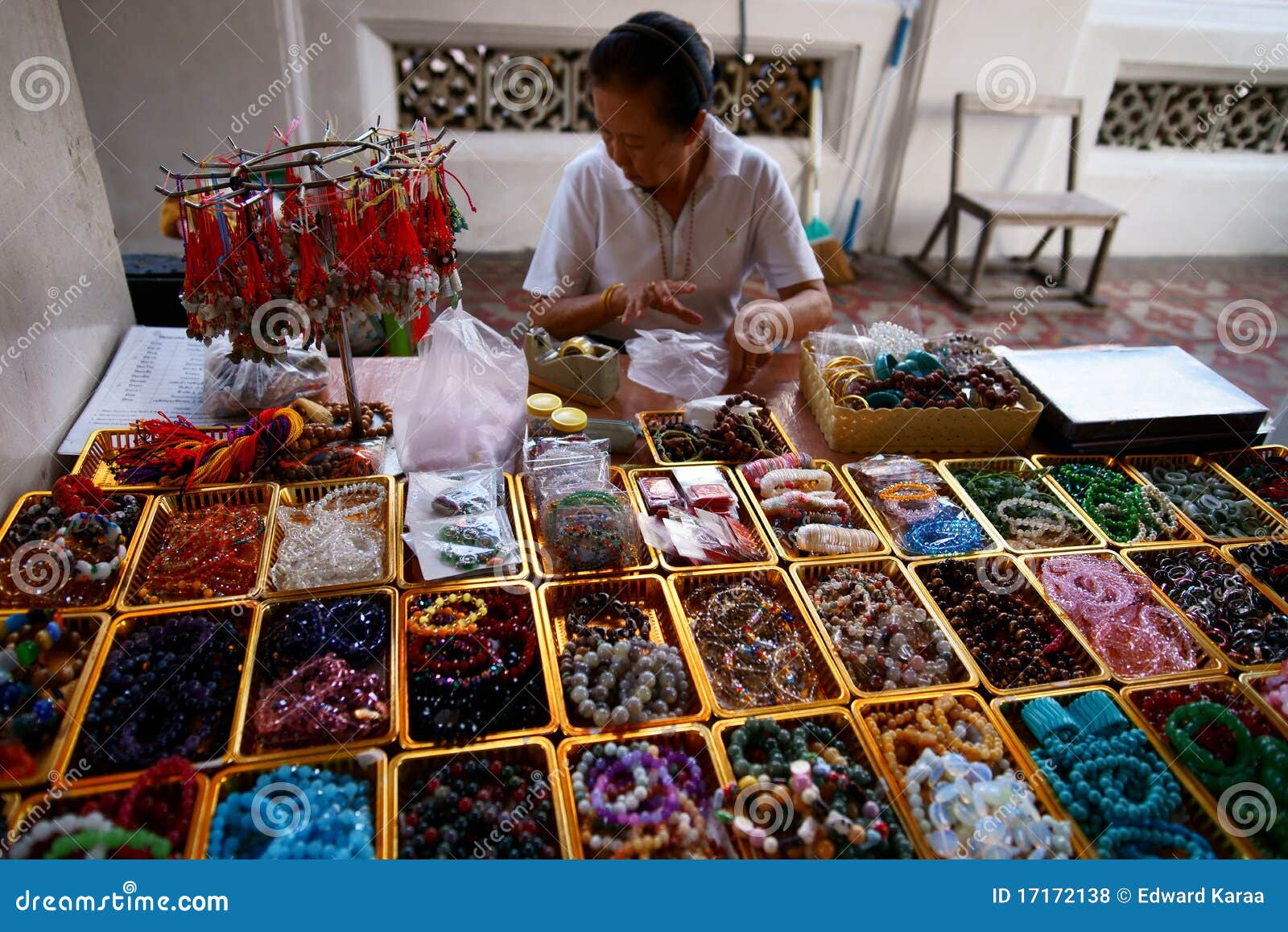 Wat Arun. Precious Stone Prayer Beads Vendor. Editorial Stock Photo