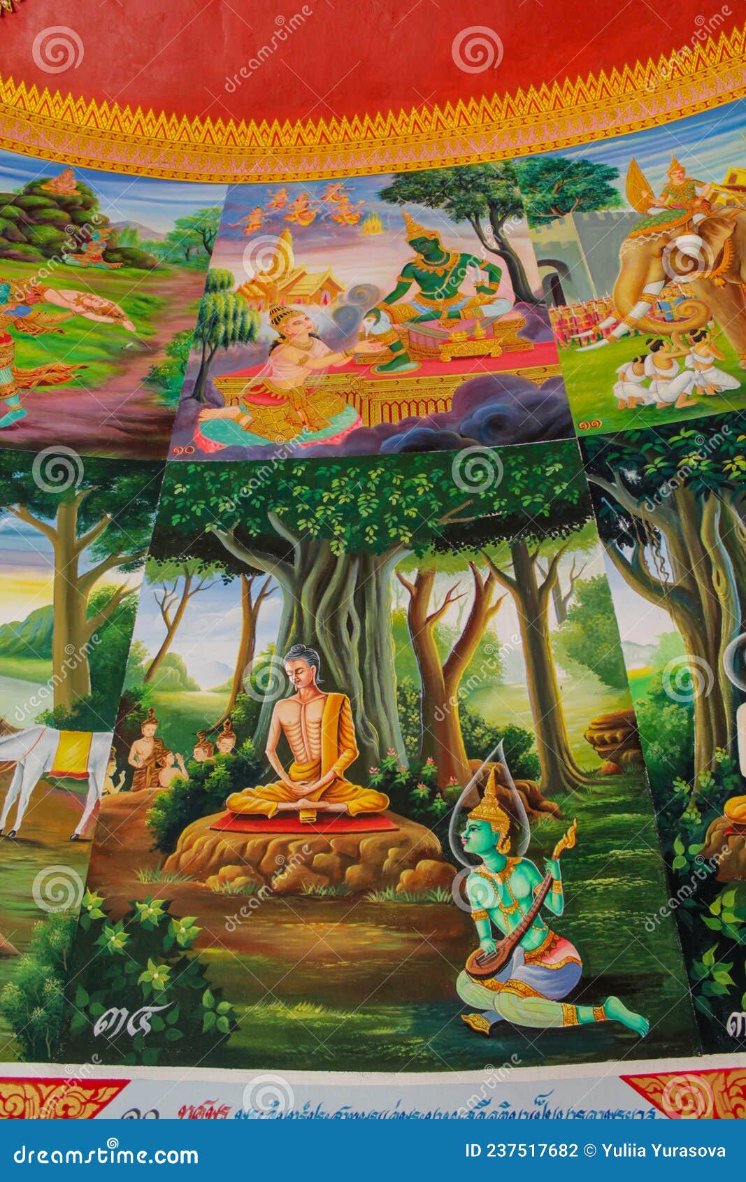 wat buddhist pagoda painted and carved wall with religious subject pictures of people`s life