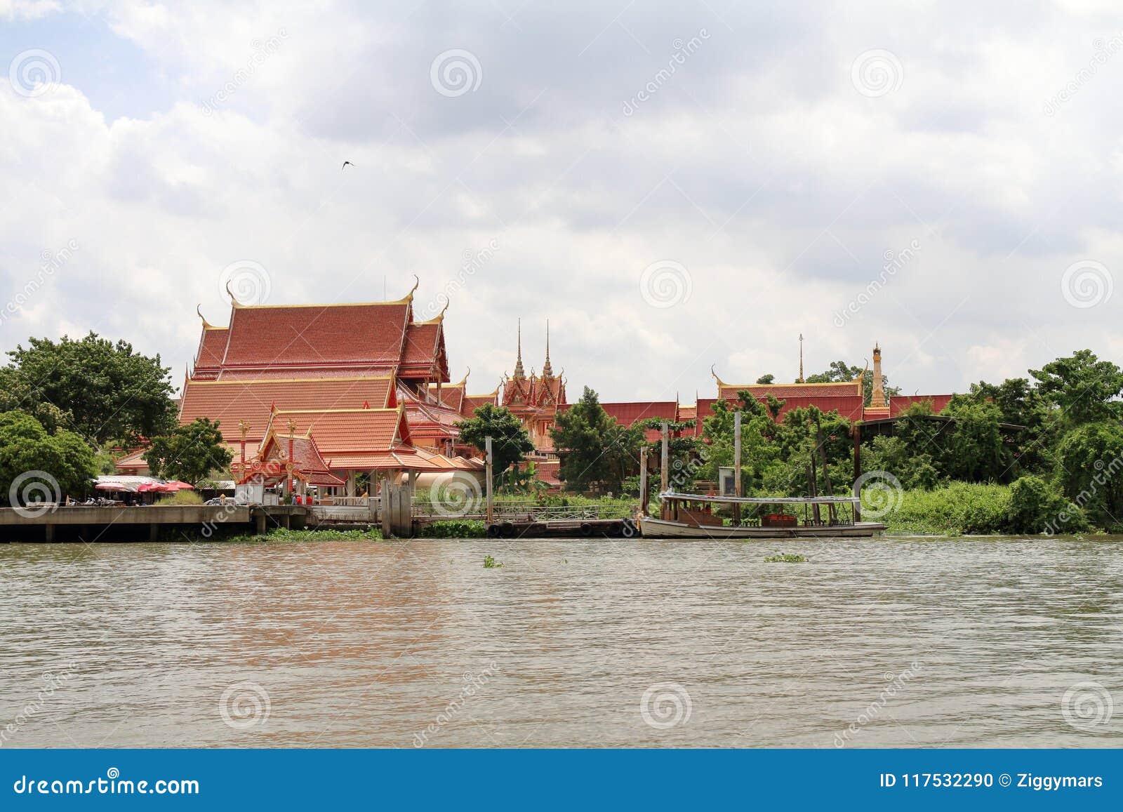 wat sanam nuea and chao phraya river, view from koh kret in bangkok