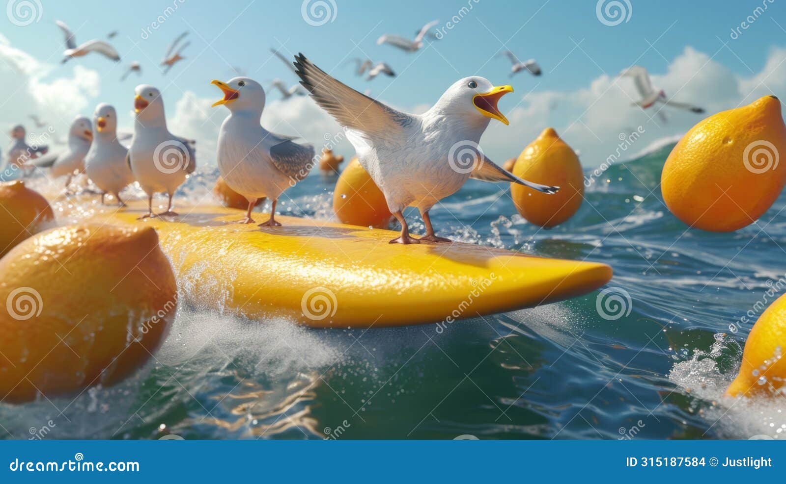watch as a group of seagulls mistake a lemon surfboard rider for their favorite snack and hilariously try to peck at the