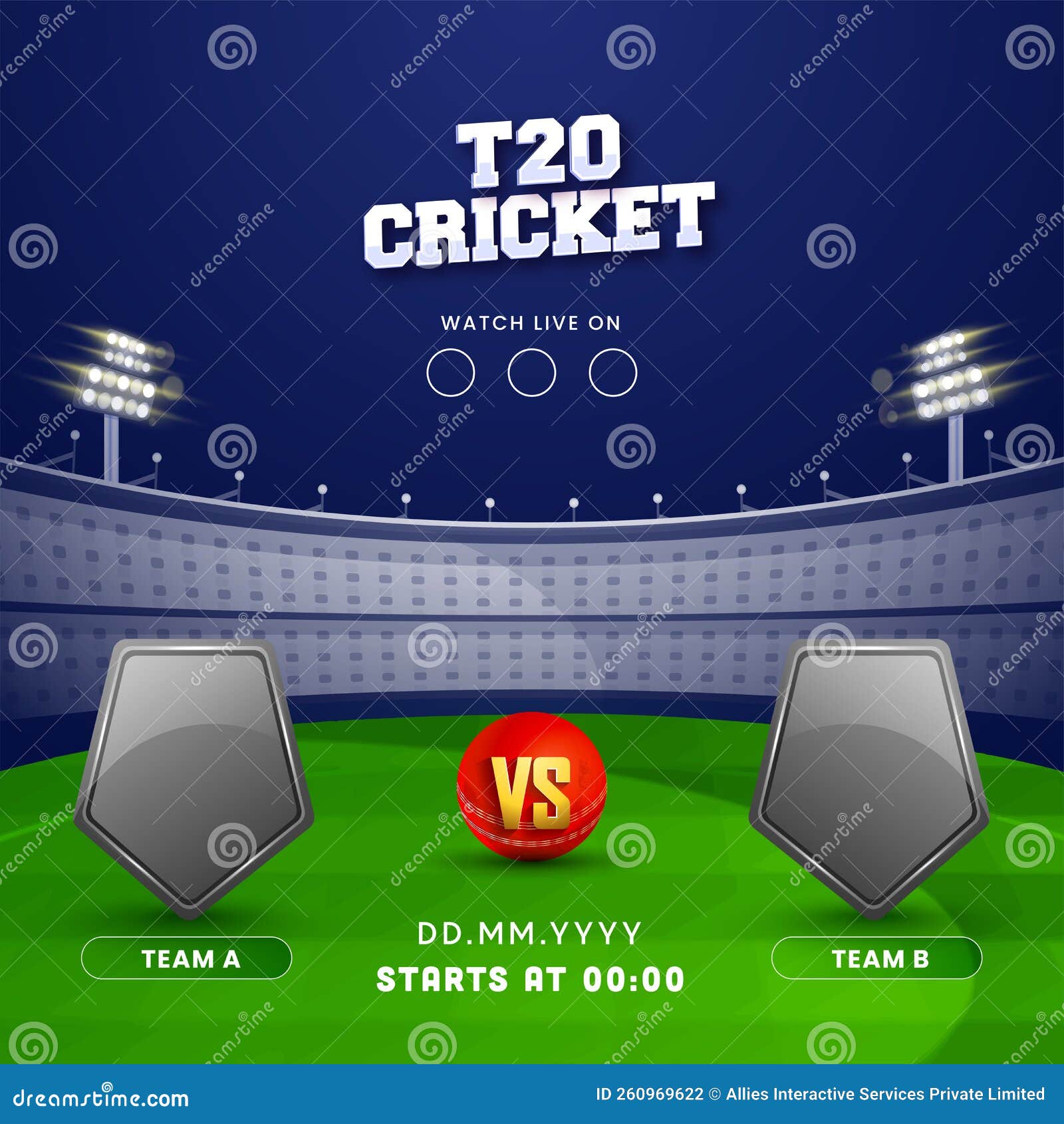 Watch Live T20 Cricket Match between Team a VS B with Empty 3D Shield on Blue and Green Stadium Stock Illustration