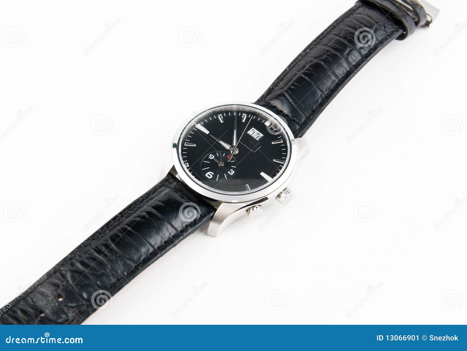 Watches with Black Leather Strap Stock Image - Image of hand, silver