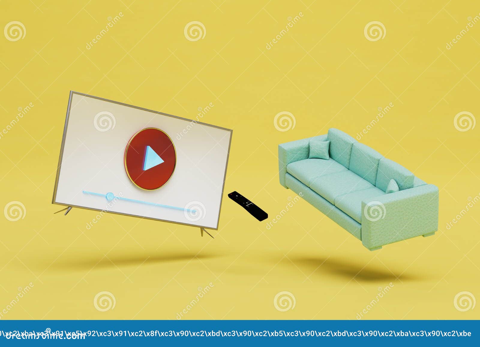 Watching Videos on the TV. Sofa, Remote Control and Smart TV on a