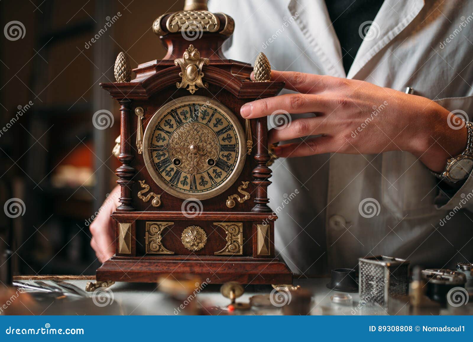 Watchmaker With Old Mechanical Desk Clock Stock Photo Image Of