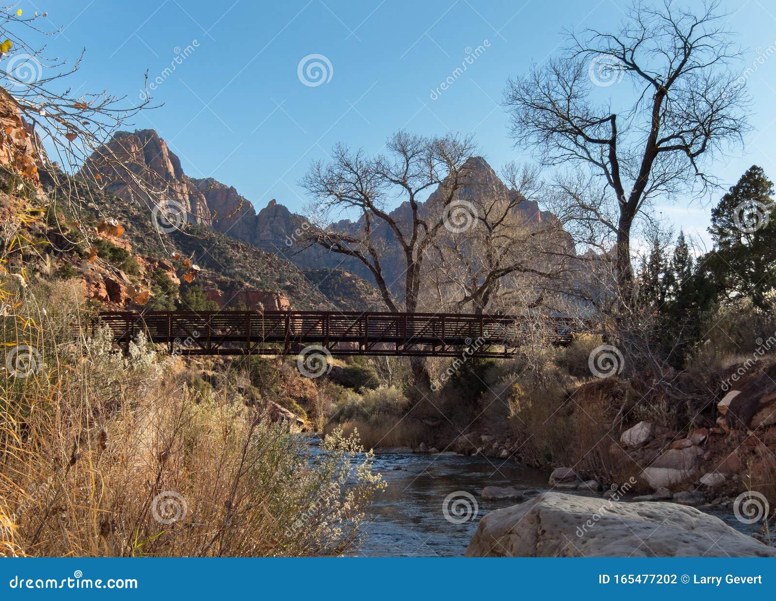 the watchman in zion and the virgin river trail bridge