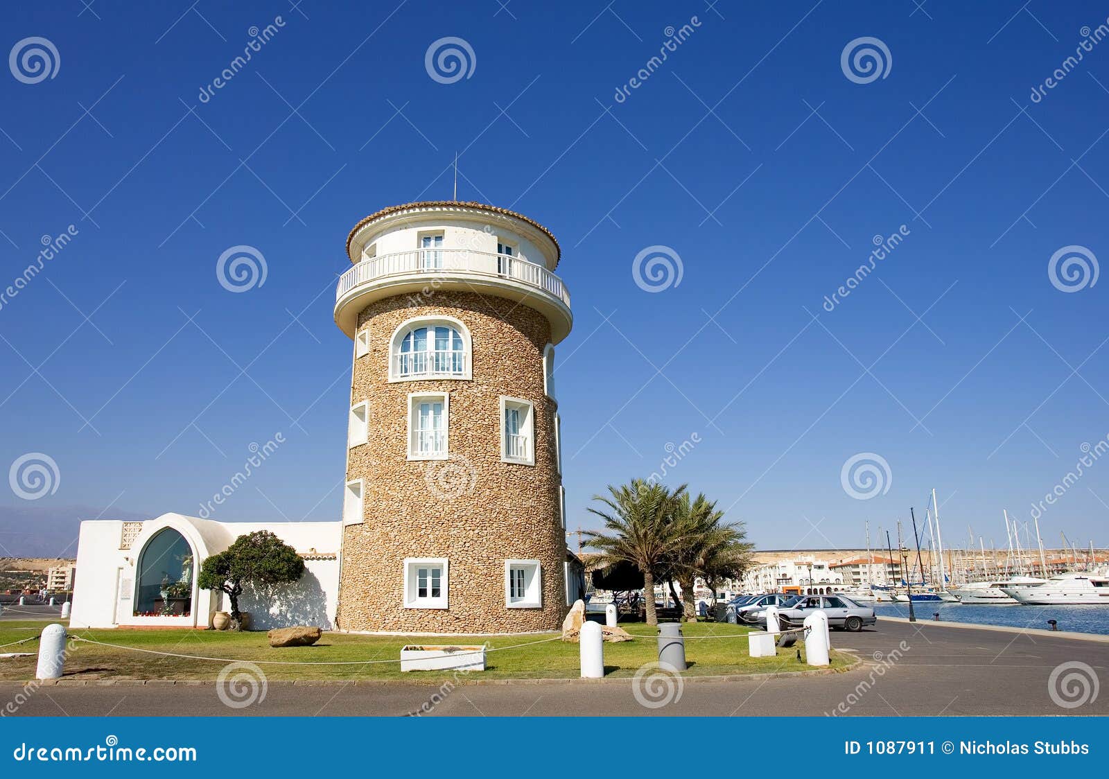 watchtower at almerimar port on the costa del almeria in spain