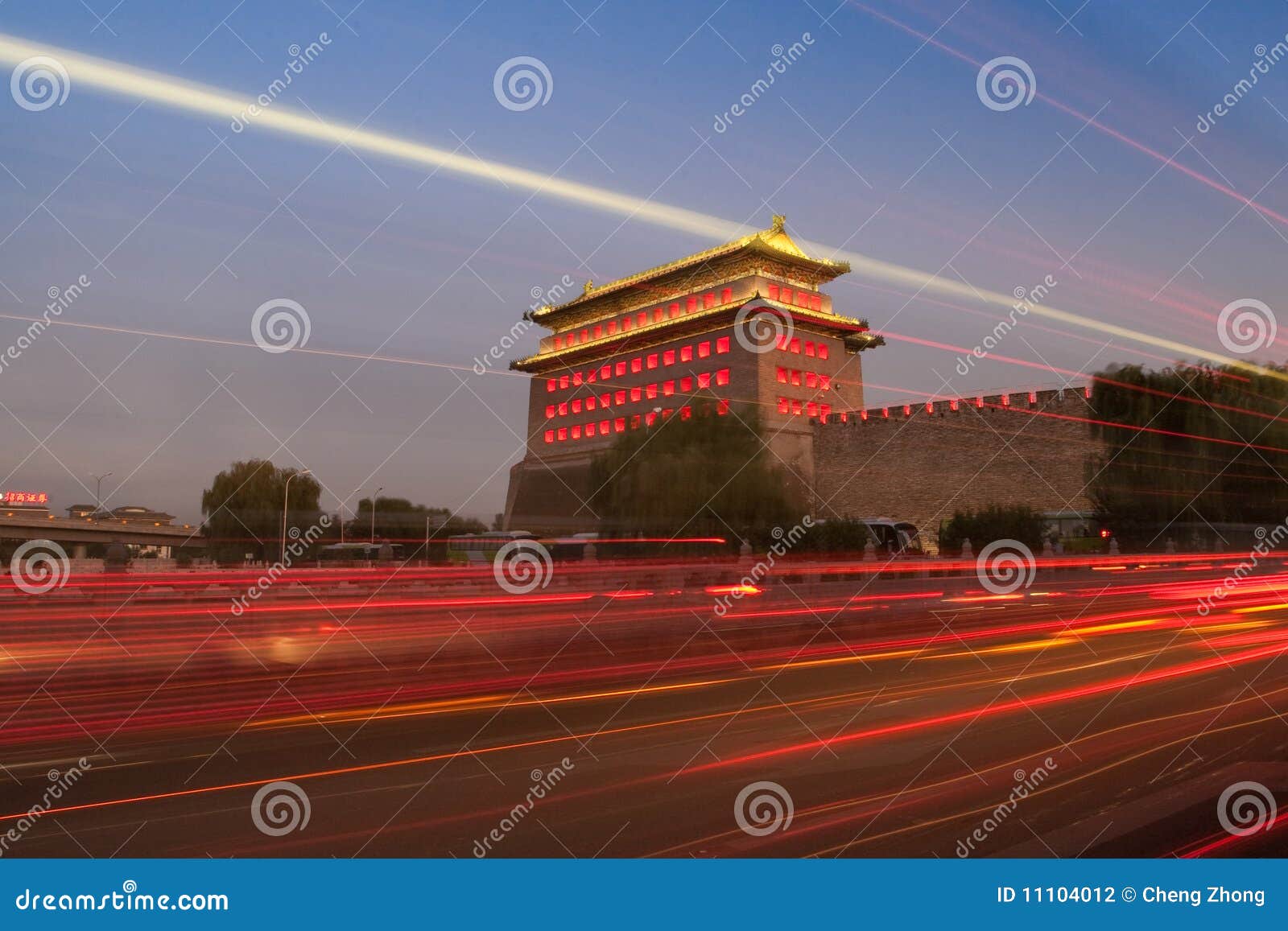 watchtower of desheng gate in beijing at night