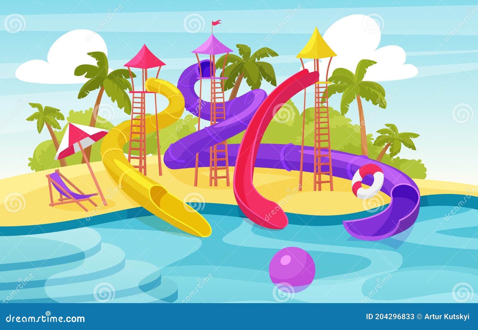 Water Amusement Park, Cartoon Aquapark Summer Resort with Waterslides