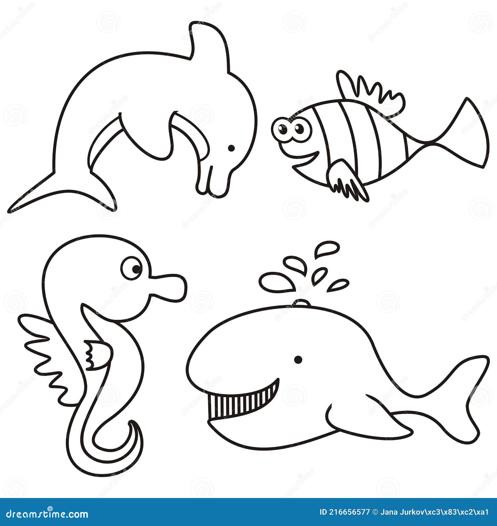 Water Animals, Coloring Page, White and Black, Eps. Stock Vector -  Illustration of finback, animals: 216656577