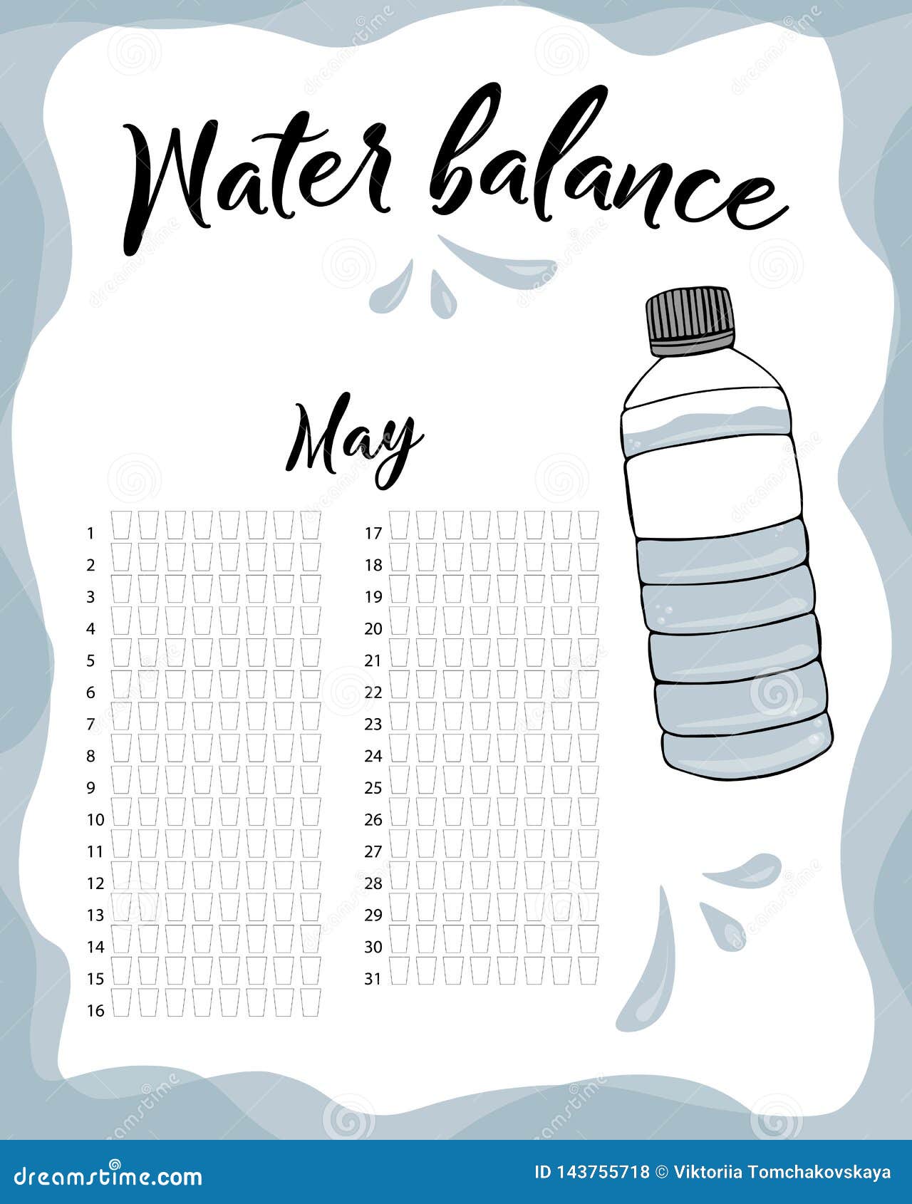 Water Balance Vector Calendar. Water Monthly Tracker. Water Consumption