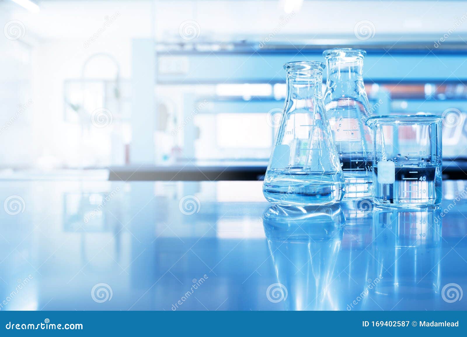 Water in Beaker and Flask Glass in Chemistry Blue Science Laboratory  Background Stock Image - Image of biochemistry, school: 169402587