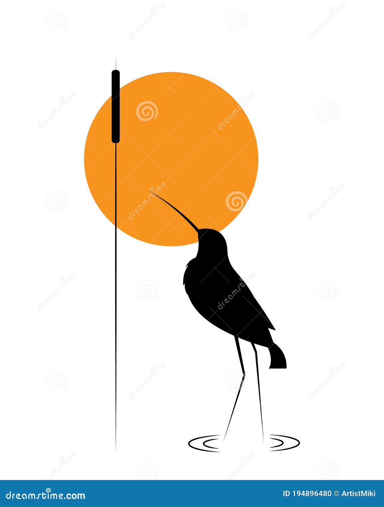 Water Bird Silhouette And Bamboo On Sunset, Vector. Minimalist Art Design. Poster Design