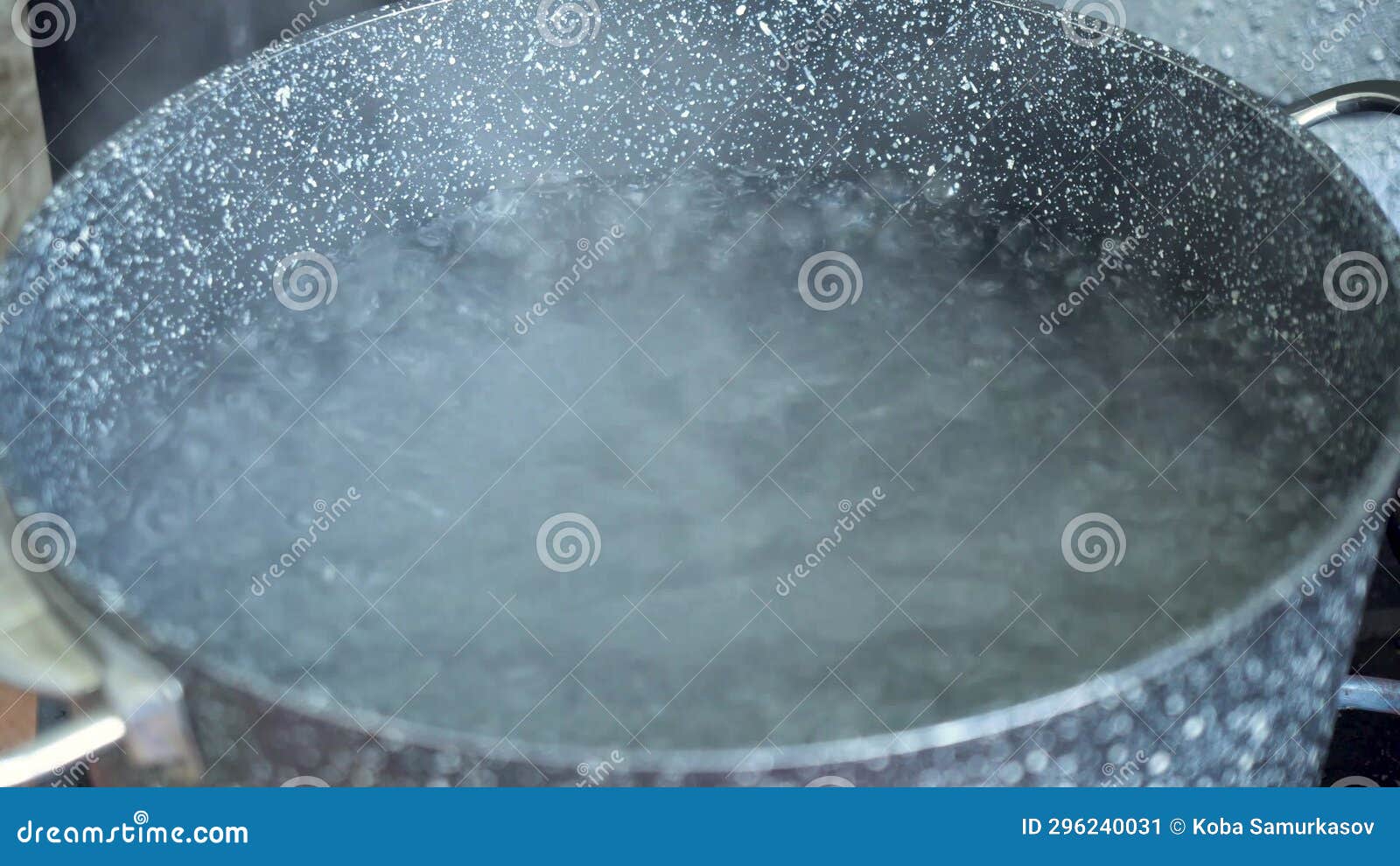 Water Boils in Iron Pot on the Stove. Bubbles of Boiling Water Stock