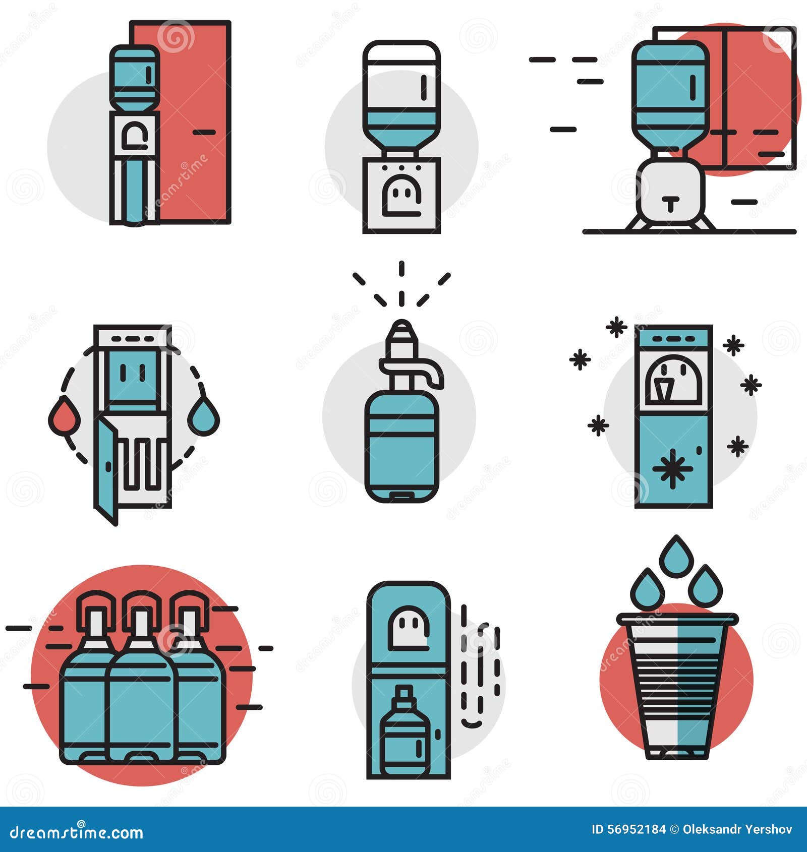 Water Cooler Flat Line Colored Icons Stock Illustration - Illustration ...