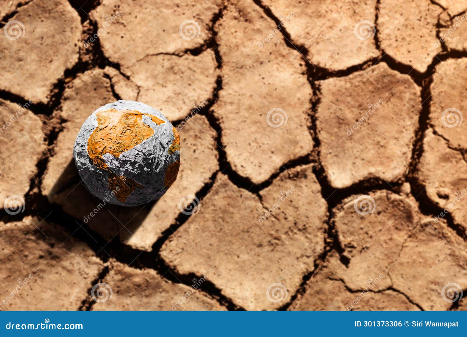 water crisis, climate change, el nino, global warming issue concept. brown globe lay on cracked dry soil ground. land without