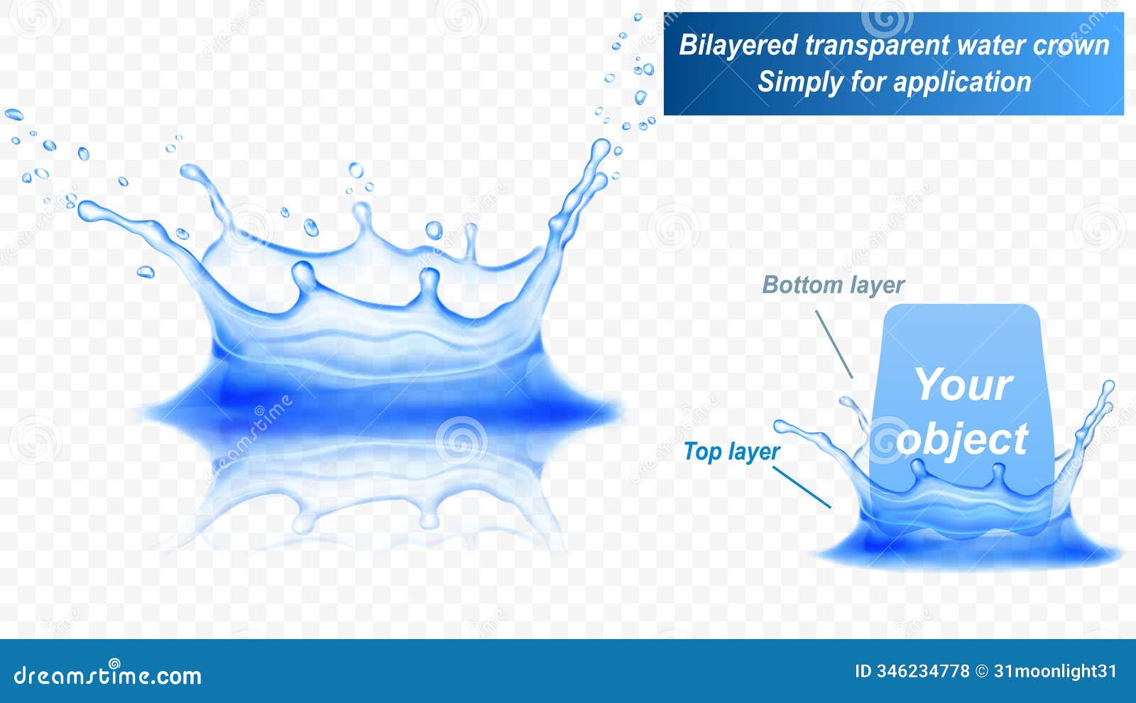 water crown with two layers. splash of water with reflection