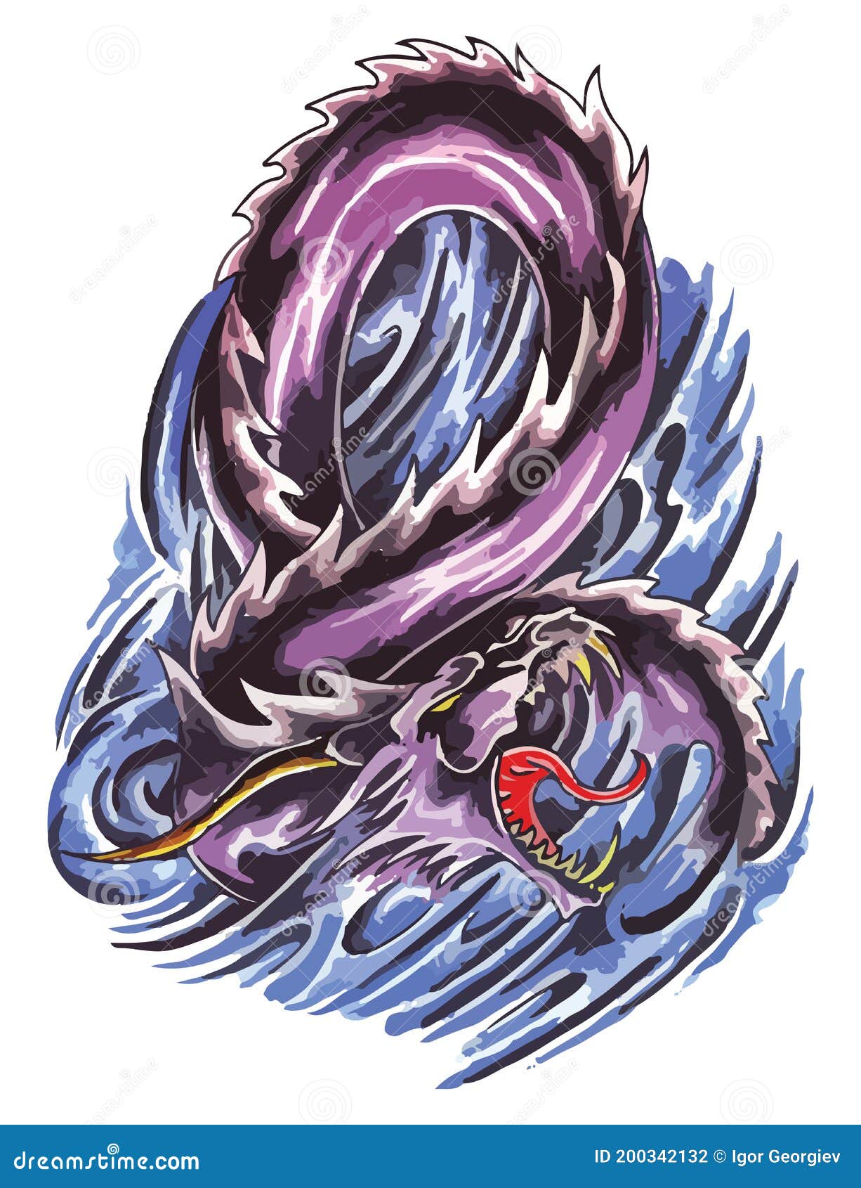 Water Dragon Tattoo Flash Set. Set of Labels and Elements. Vector Set