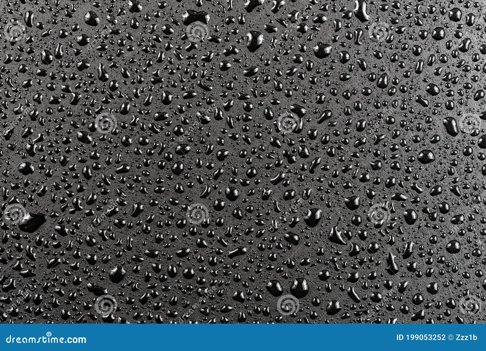 Water Drops on Abstract Flat Black Hydrophobic Surface Macro Background