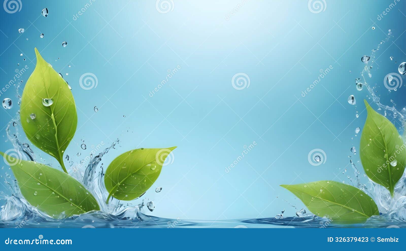 water drops on green leaf, fresh morning dew: plant banner with serene blue background