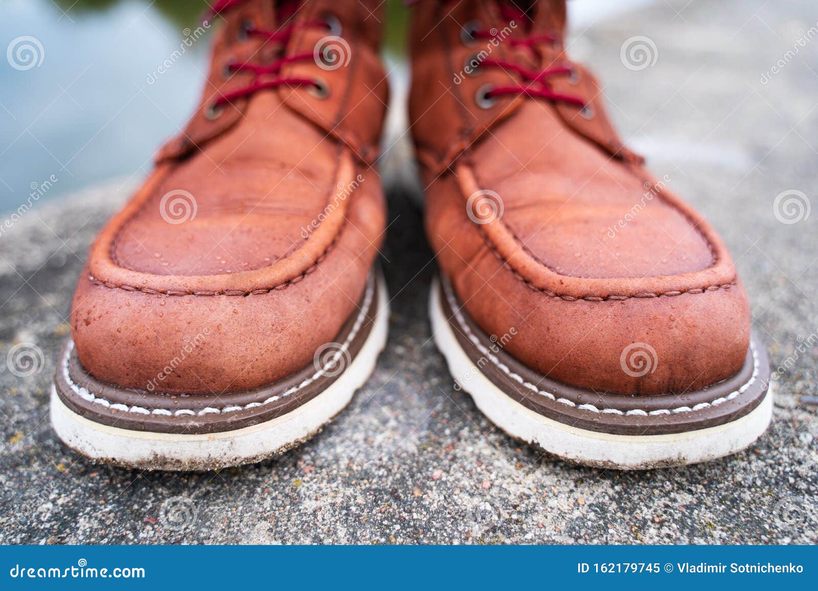 Water Drops on Red Leather Work Boots Close-up Stock Image - Image of ...