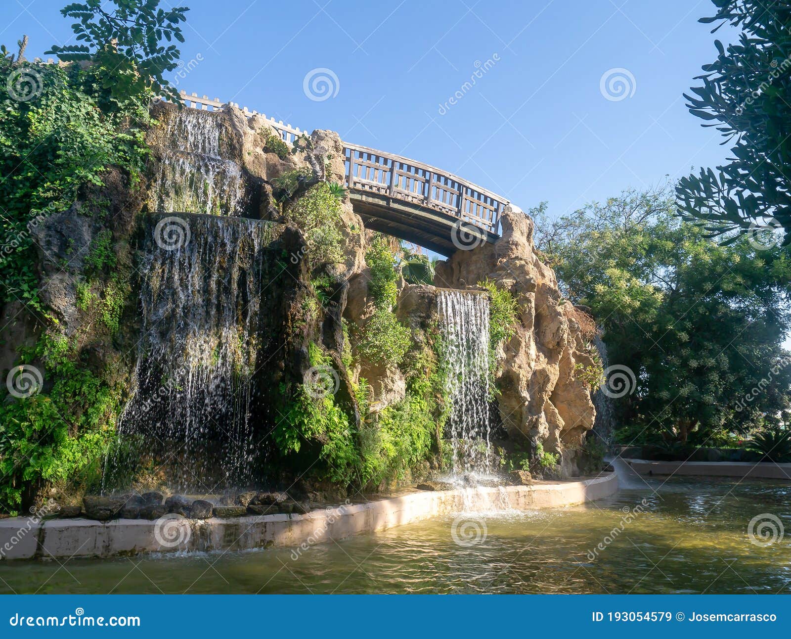 water falls in the genoves park in the bay of cadiz capital. andalusia. spain.