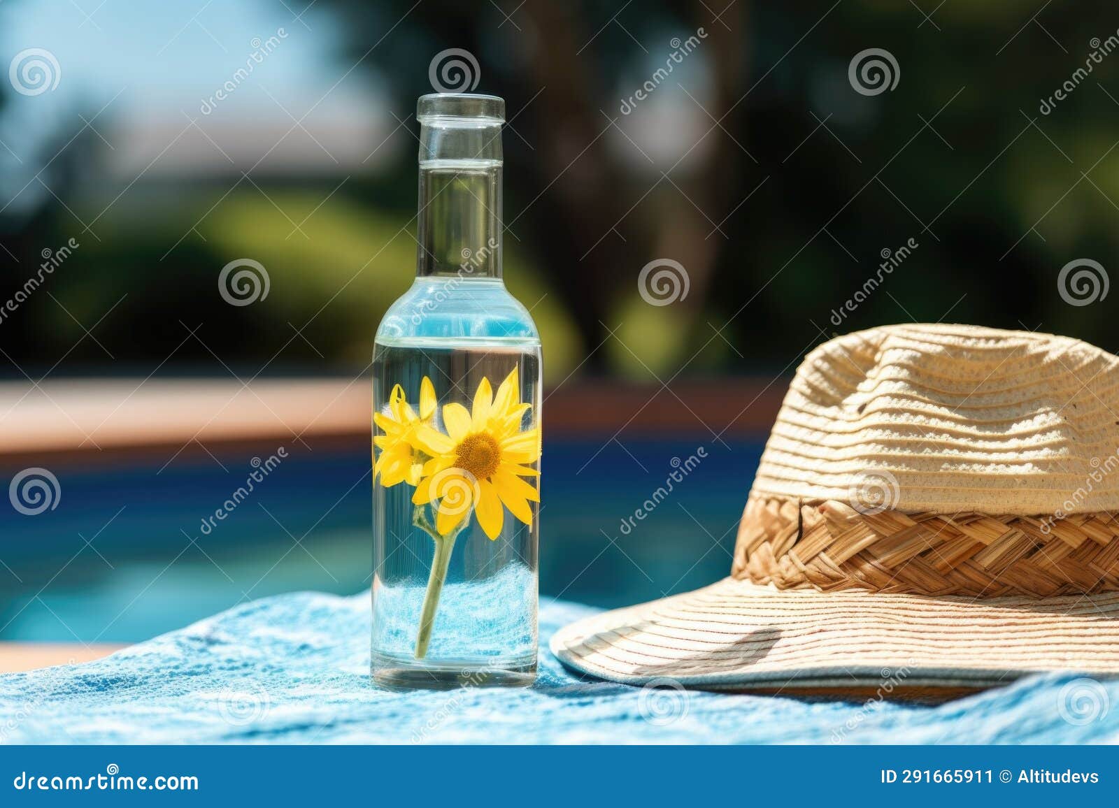Waterfilled Glass Bottle Placed beside a Stylish Sunhat Stock Image