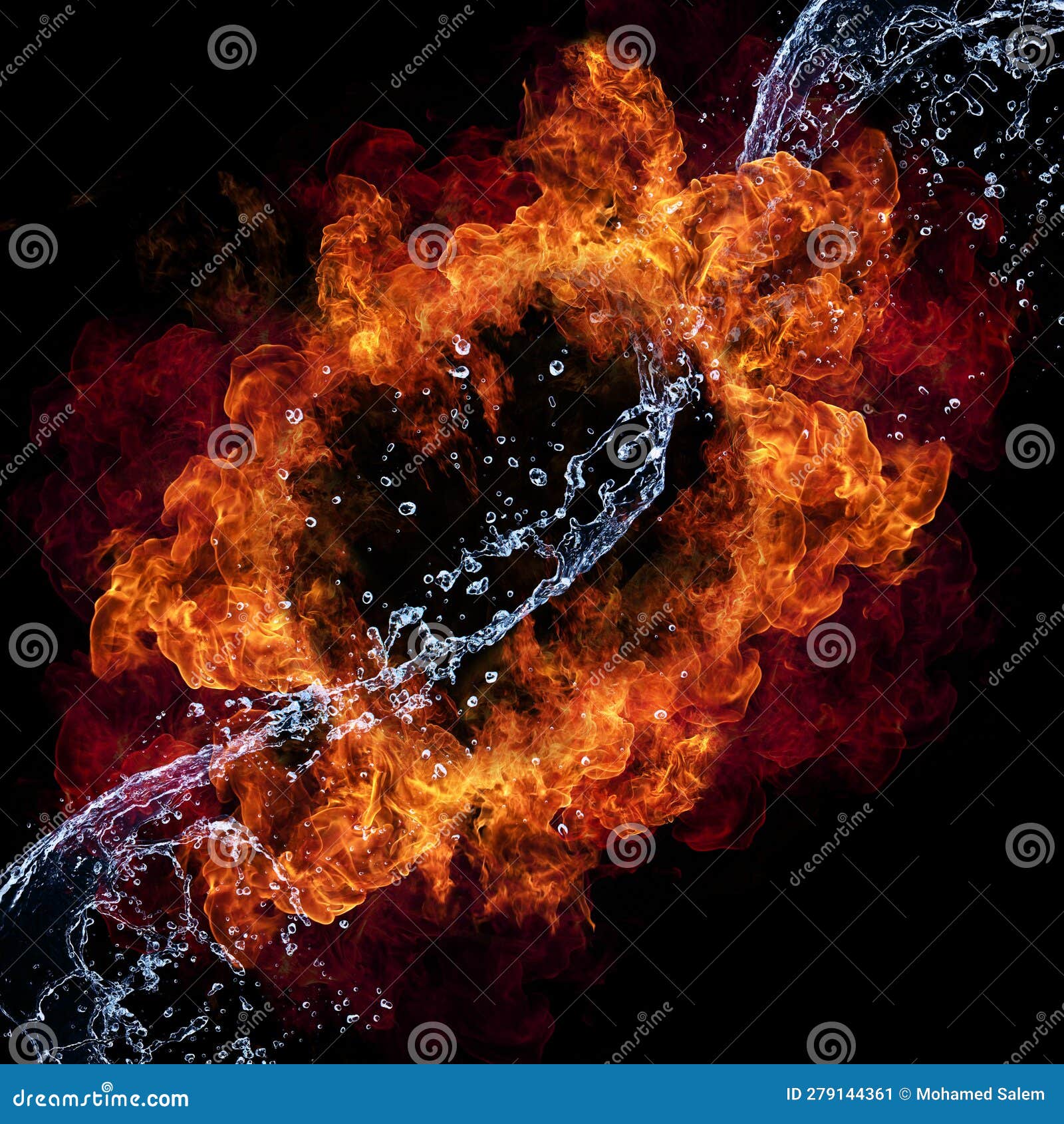 Symbol of Water and Fire Energy, Isolated on Black Background Stock