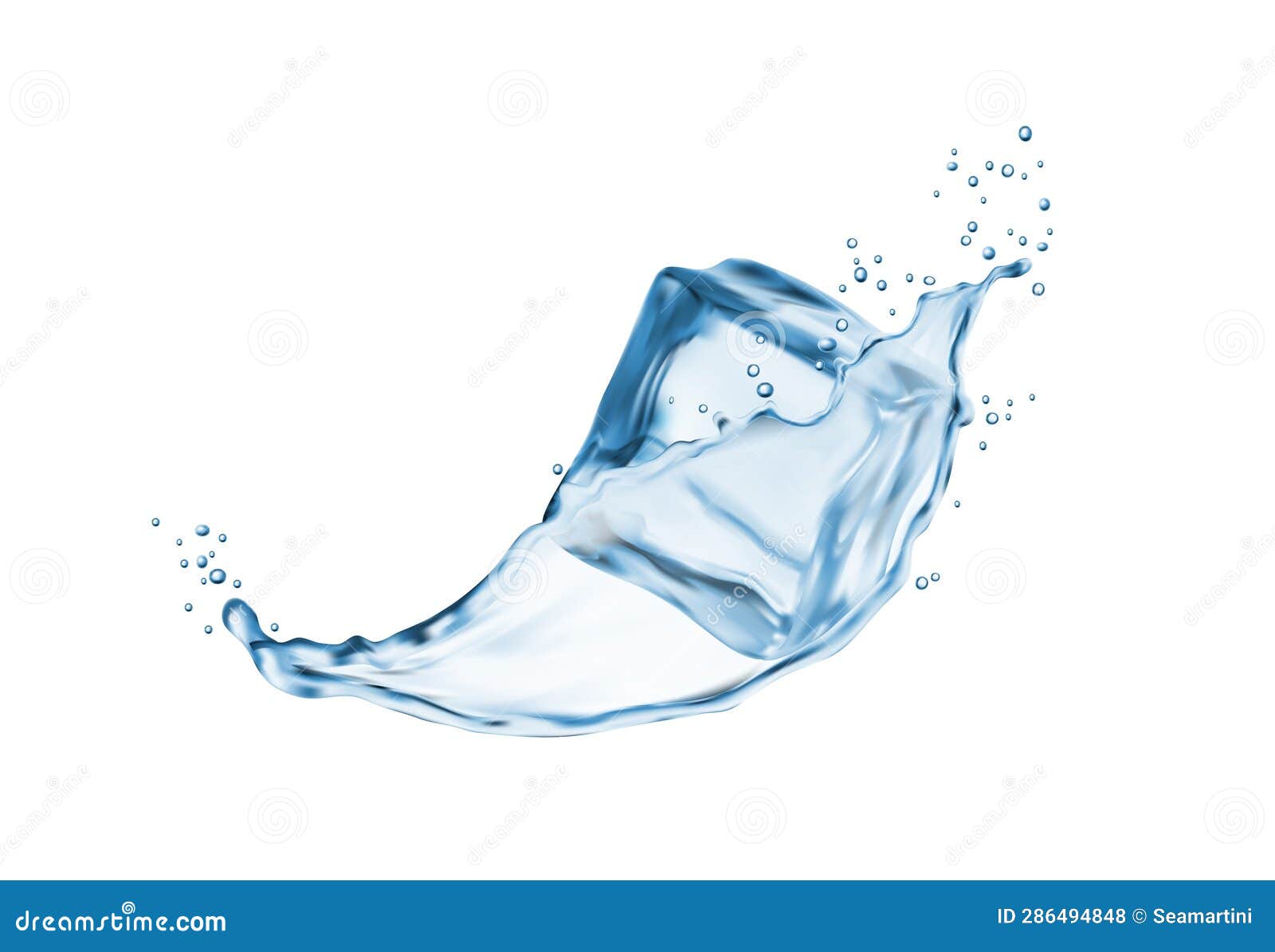 Water Flow with Splash and Ice Cube, 3d Vector Stock Illustration