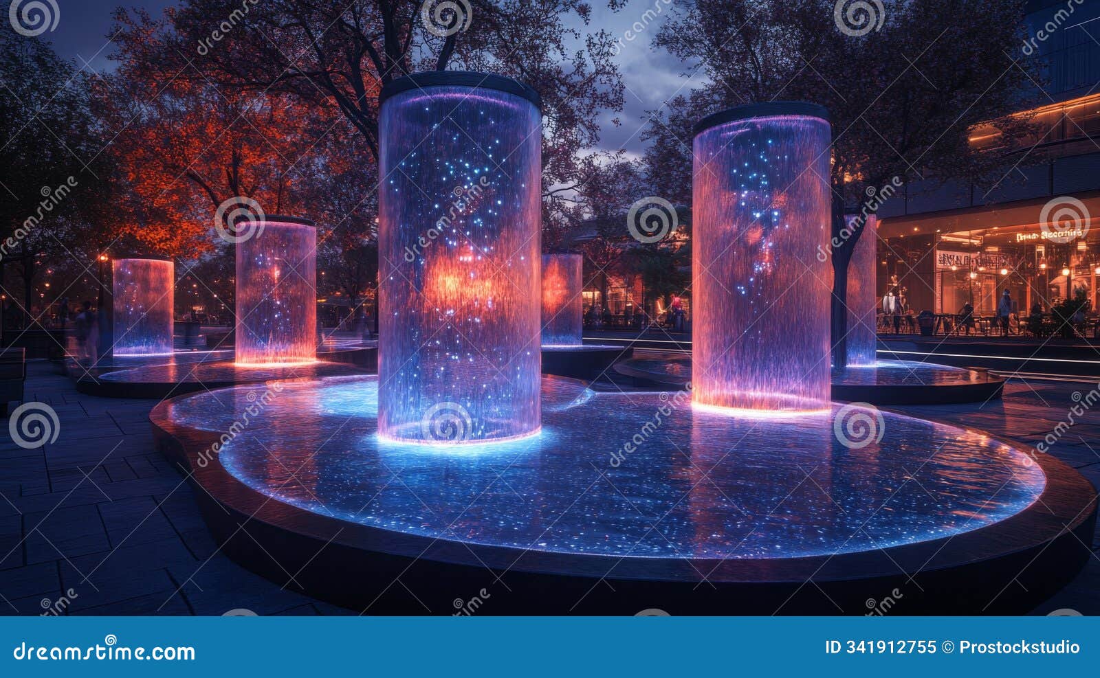 colorful illuminated water fountains at dusk in a city park creating a vibrant atmosphere for evening visitors