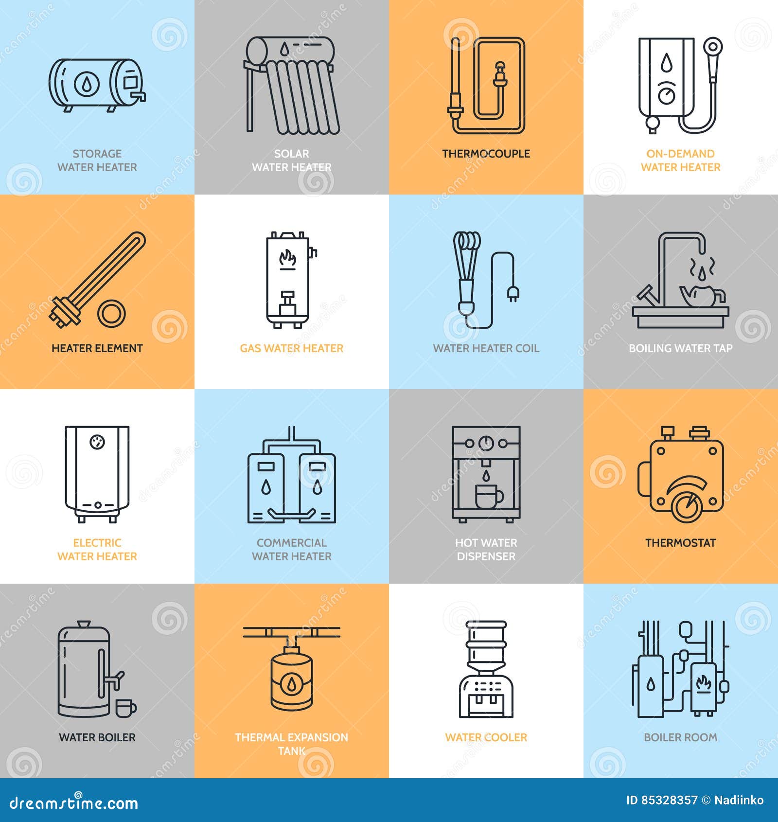 water heater, boiler, thermostat, electric, gas, solar heaters and other house heating equipment line icons. thin linear