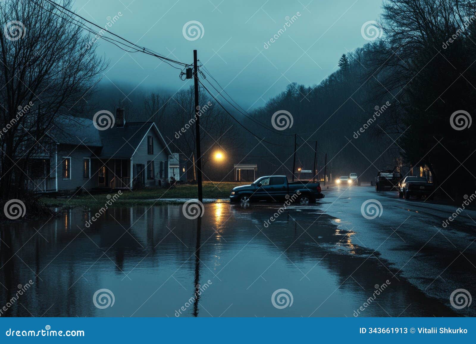 water inundates a quiet street as dusk approaches, surrounding parked vehicles and illuminating homes with a soft glow