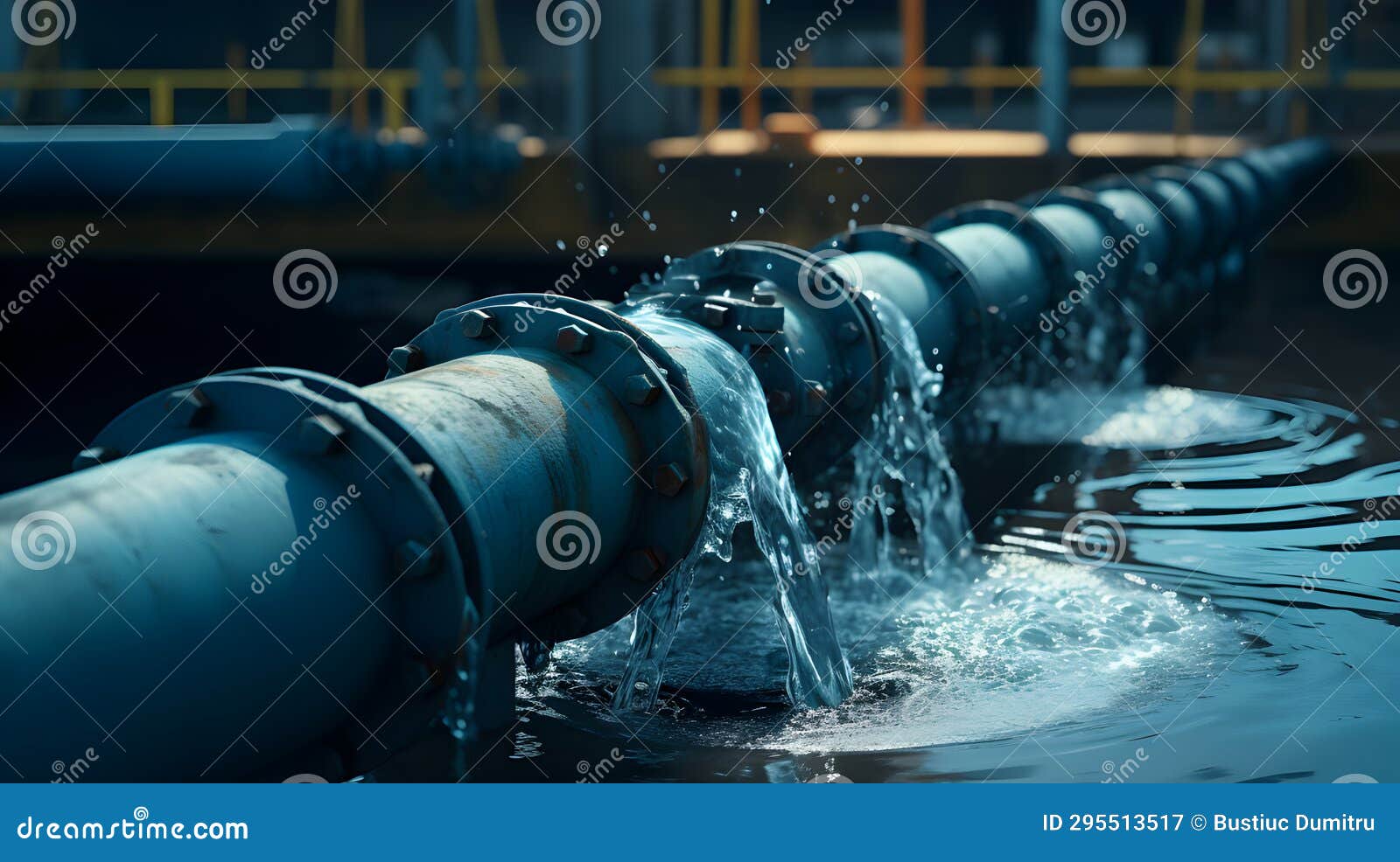 Water Leaking from Connection Joint of Metal Pipes System. Stock Image