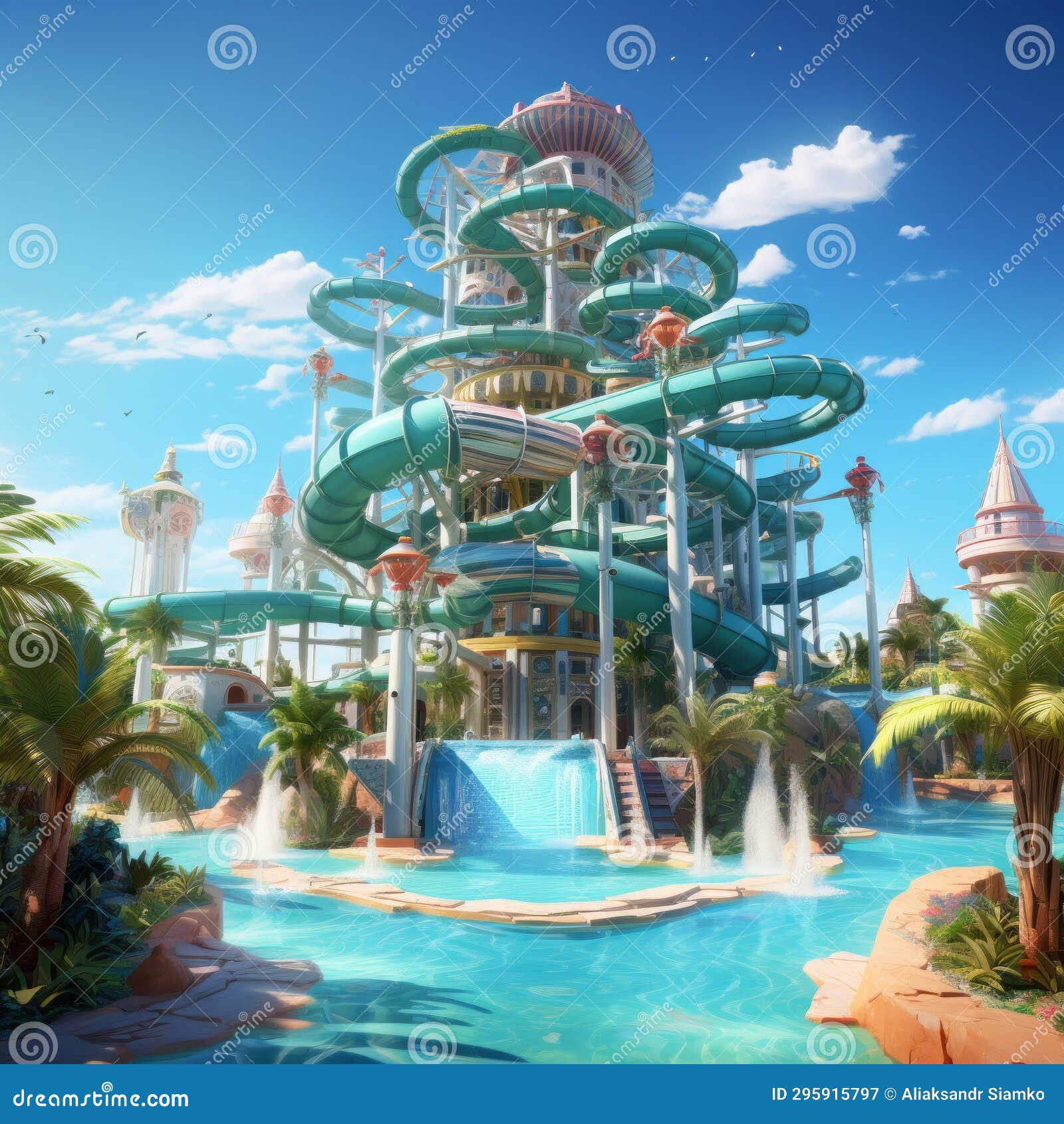 A Water Park with a Large Tower and a Pool Stock Illustration