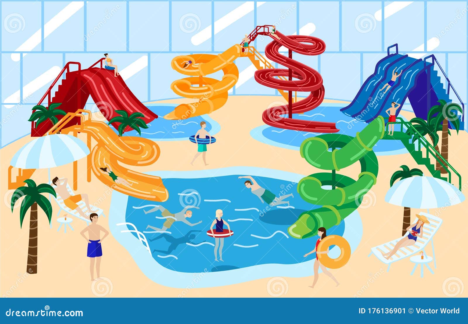 Water Park Slide Vector Illustration with People Having Fun on