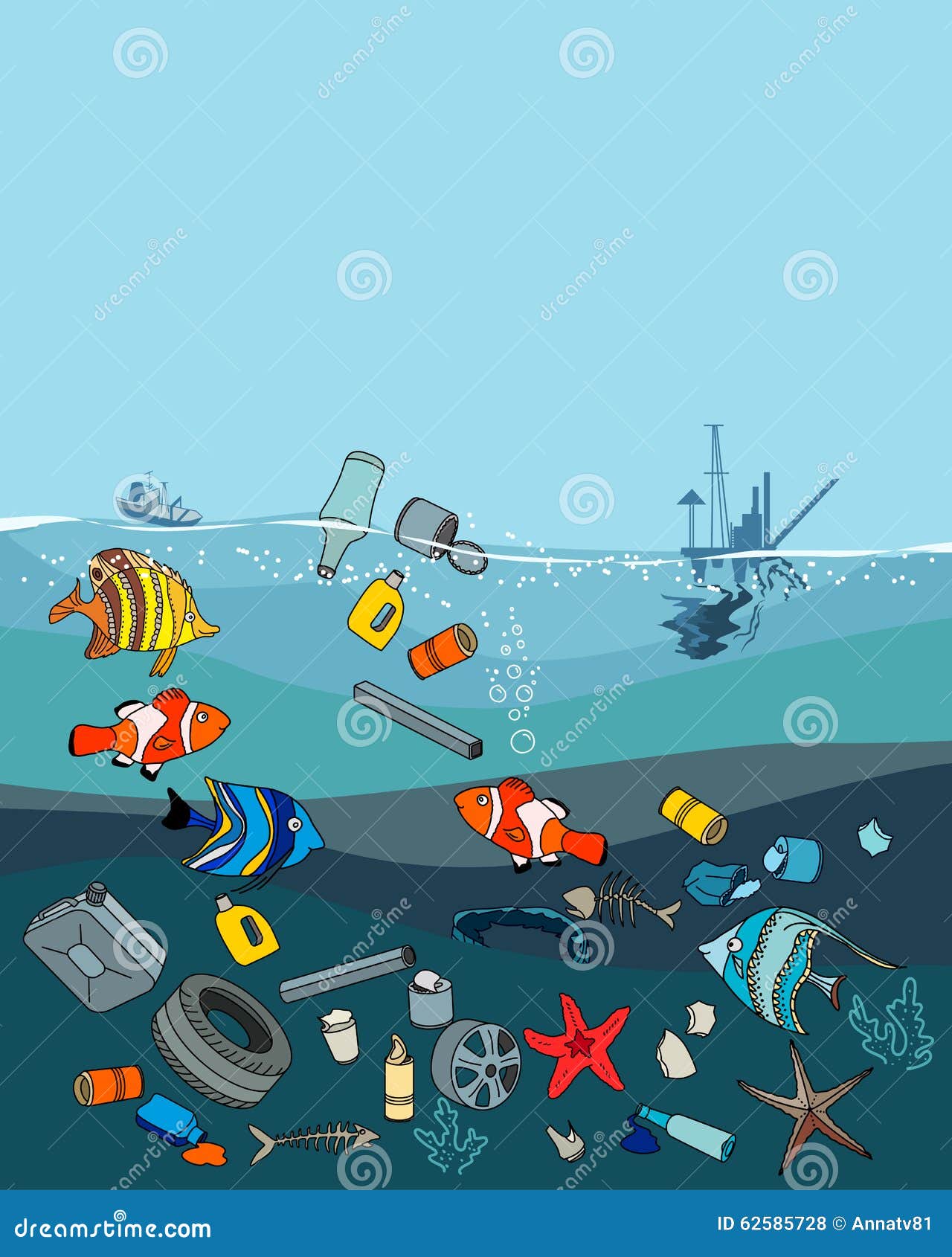 Water Pollution In The Ocean. Garbage And Waste. Stock Vector