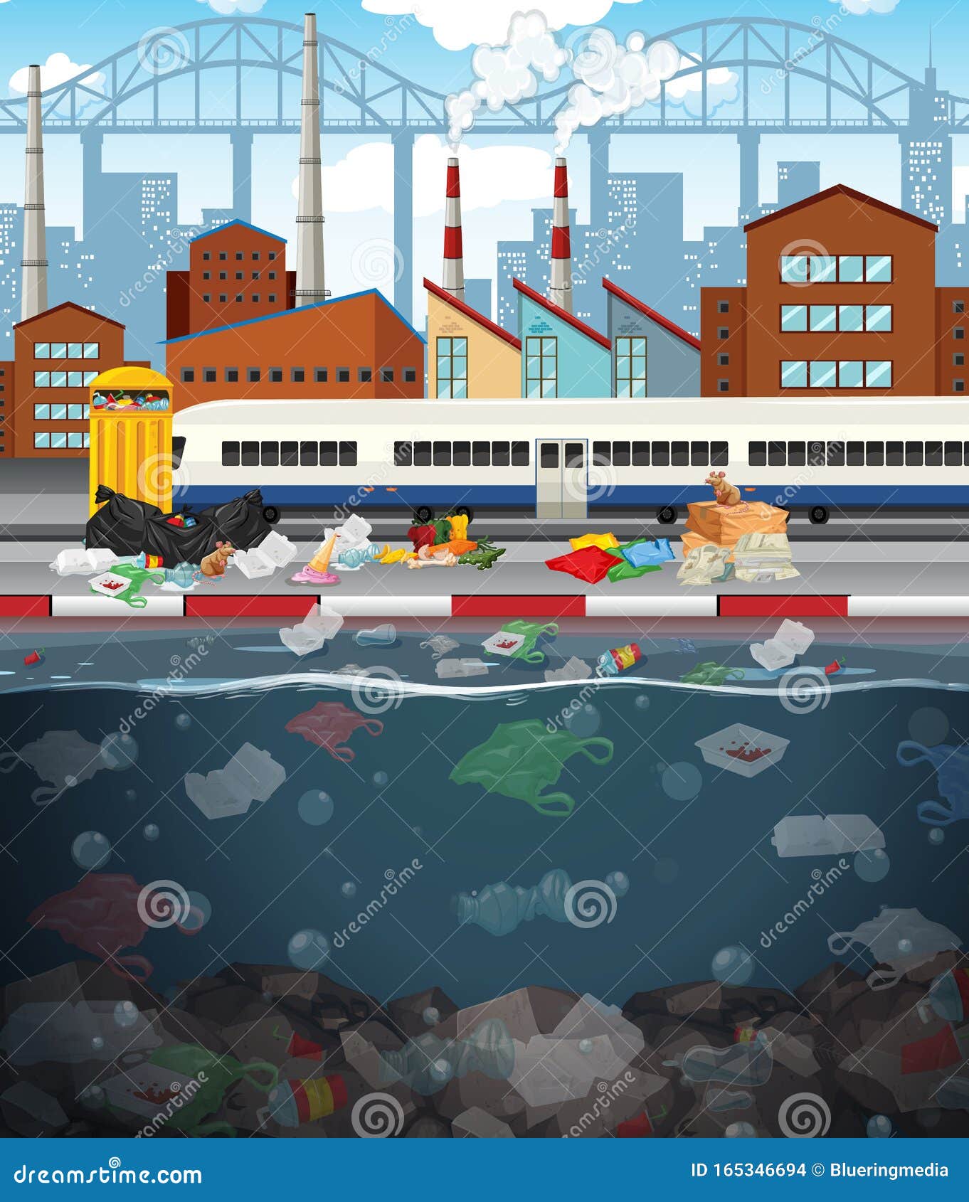 Water Pollution with Plastic Bags in City Stock Vector - Illustration ...