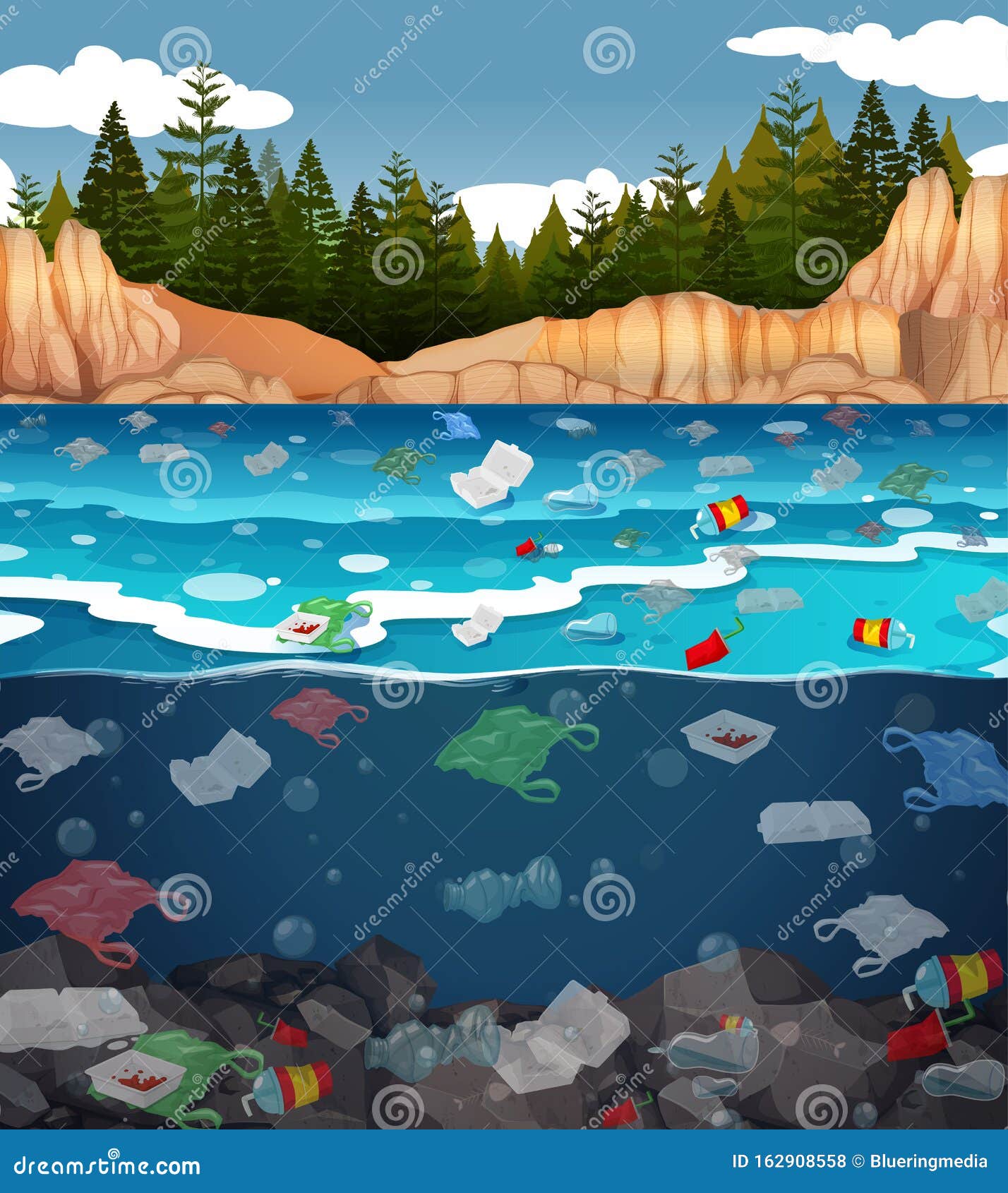 Water Pollution with Plastic Bags in Ocean Stock Vector - Illustration ...