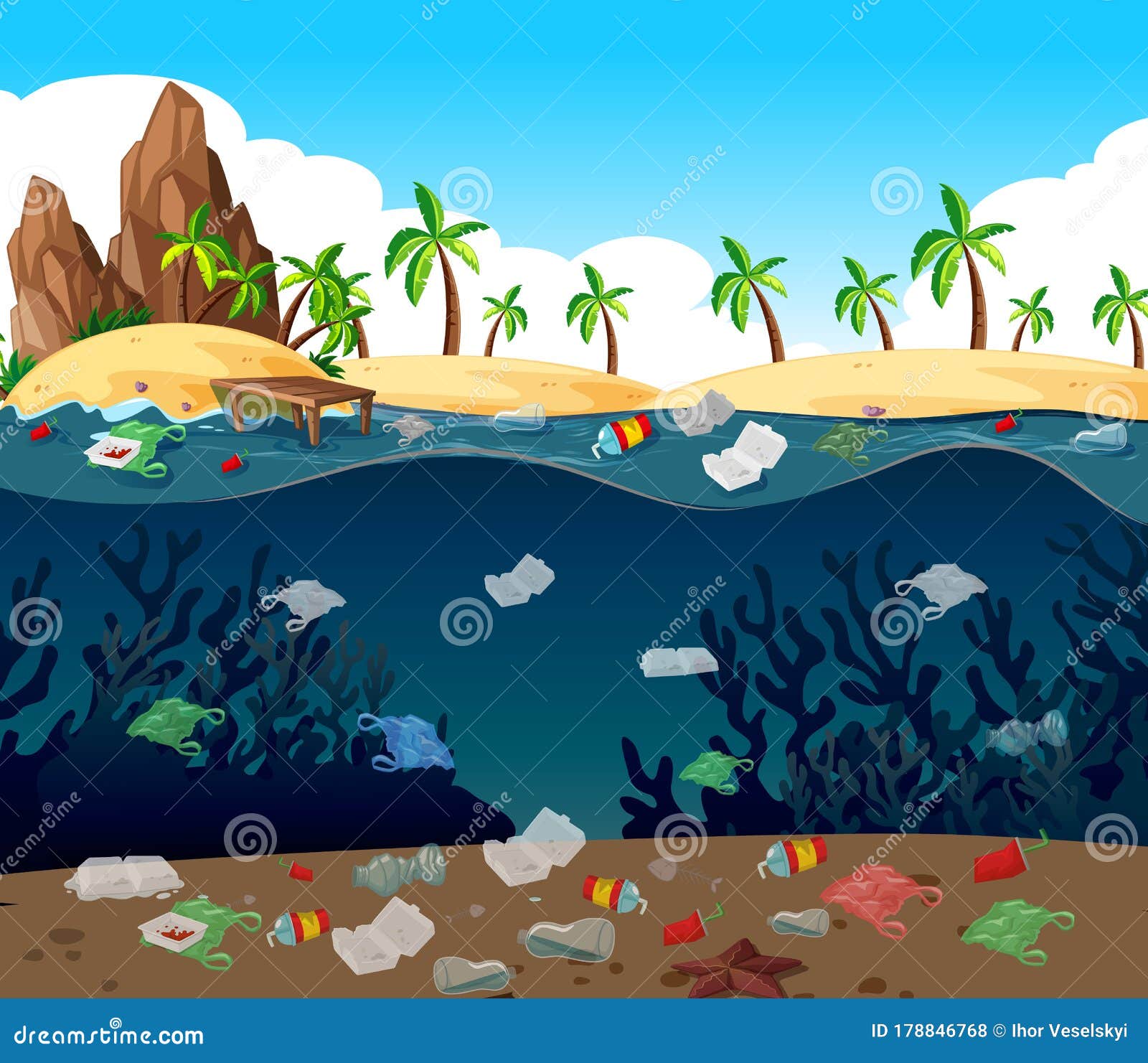 Water Pollution With Plastic Bags In Ocean Stock Illustration ...